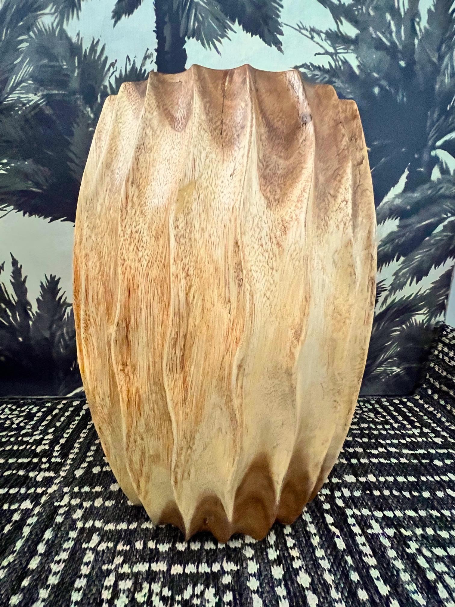 Sculptural Drum Side Table with Fluted Sides in Suar Wood, Thailand In Good Condition In Fort Lauderdale, FL