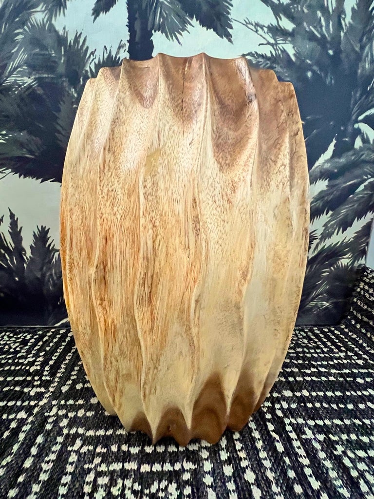 Contemporary Sculptural Drum Side Table with Fluted Sides in Suar Wood, Thailand