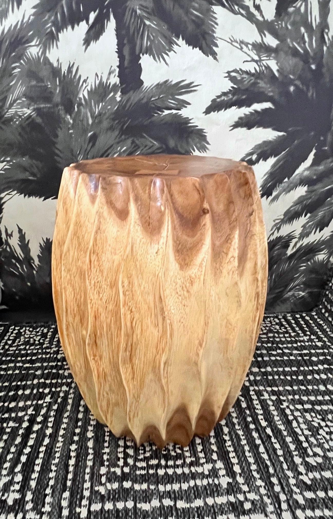 Contemporary Sculptural Drum Side Table with Fluted Sides in Suar Wood, Thailand