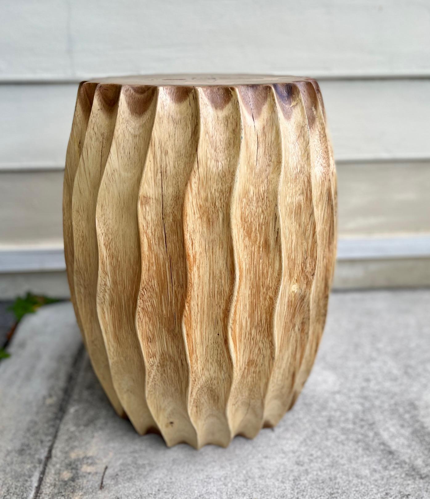 Sculptural Drum Side Table with Fluted Sides in Suar Wood, Thailand 1