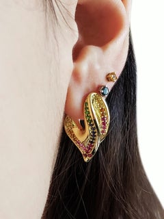 Sculptural Ear Hugging Scarf Earrings in Rainbow Precious Gemstones and 18K Gold