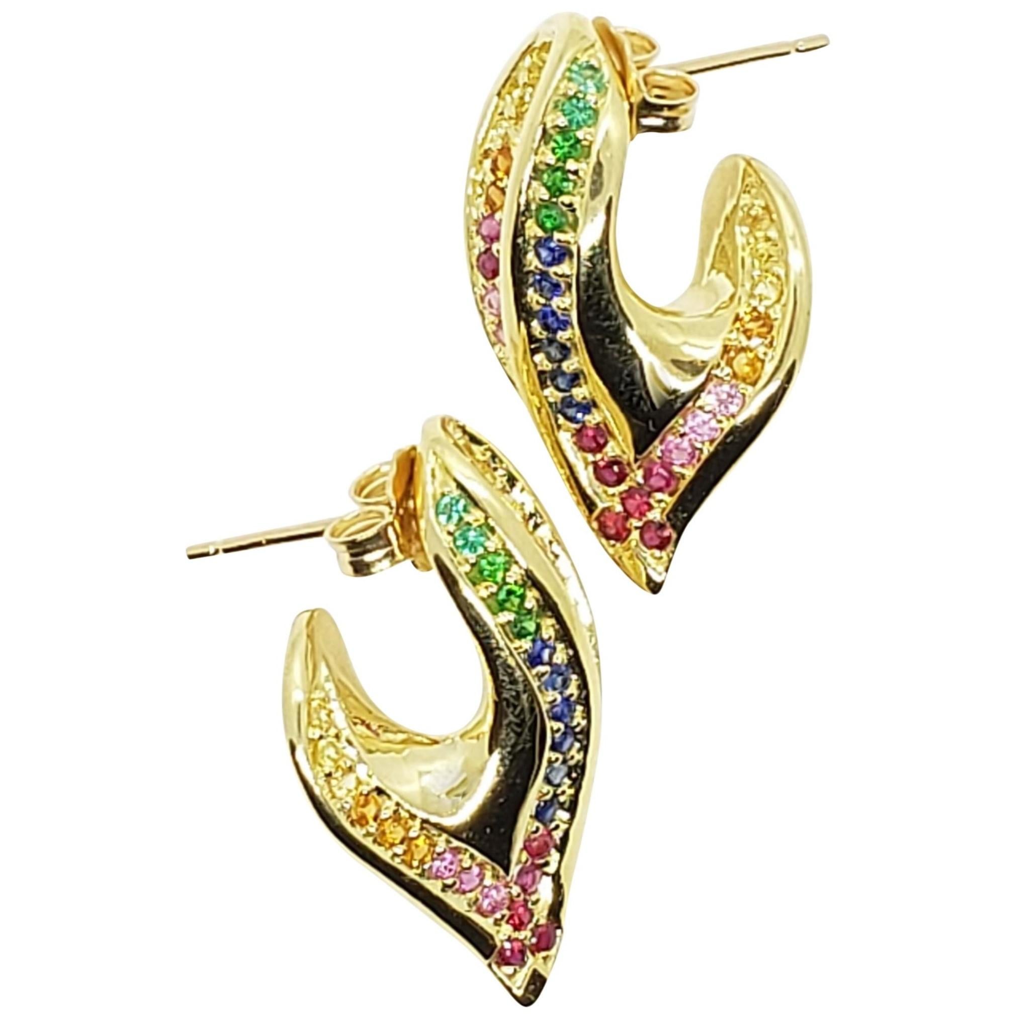 Round Cut Sculptural Ear Hugging Scarf Earrings in Rainbow Precious Gemstones and 18K Gold For Sale