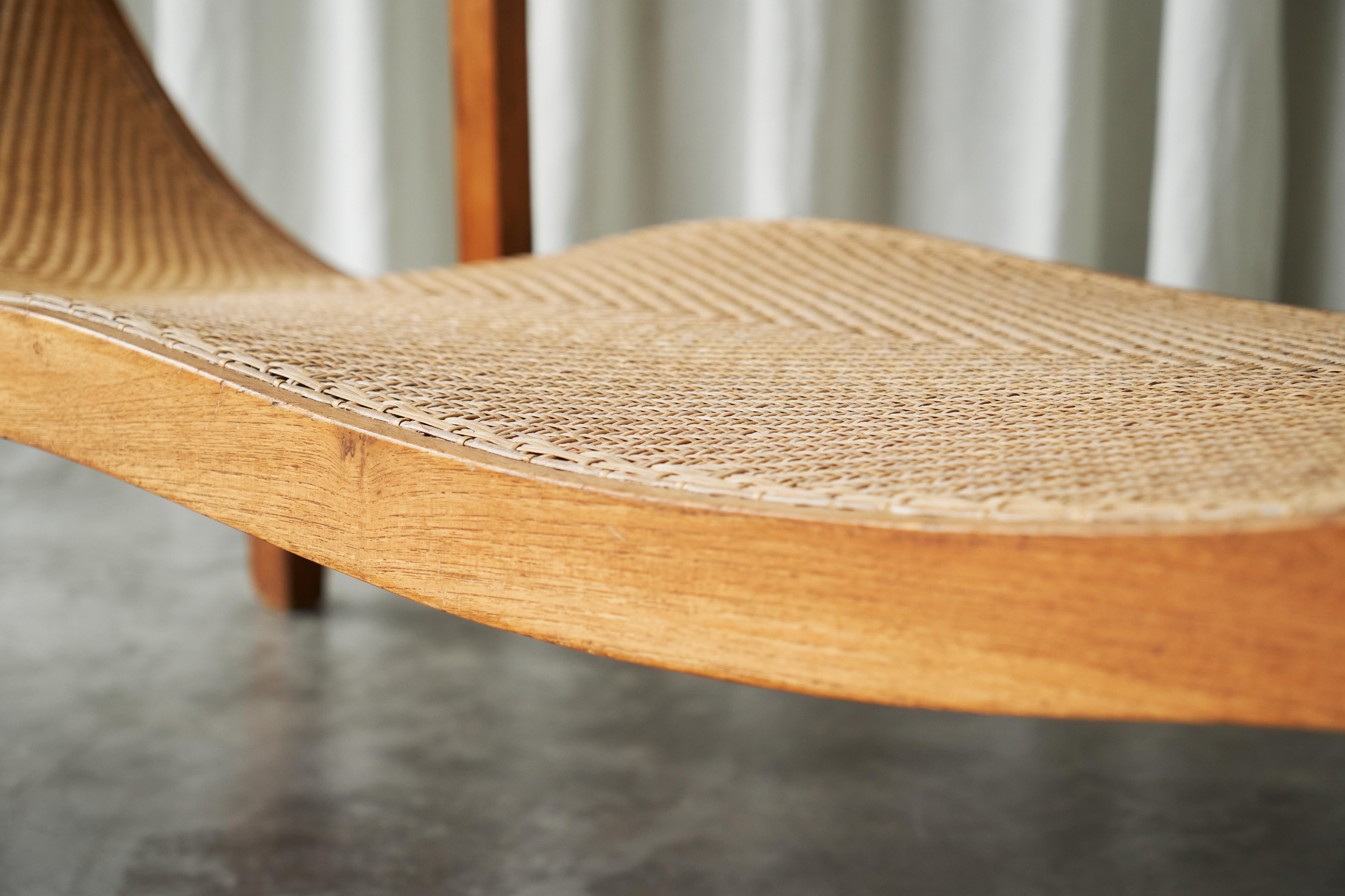20th Century Sculptural Early Dutch Colonial Chaise Longue in Wood and Hand Woven Cane 1920s