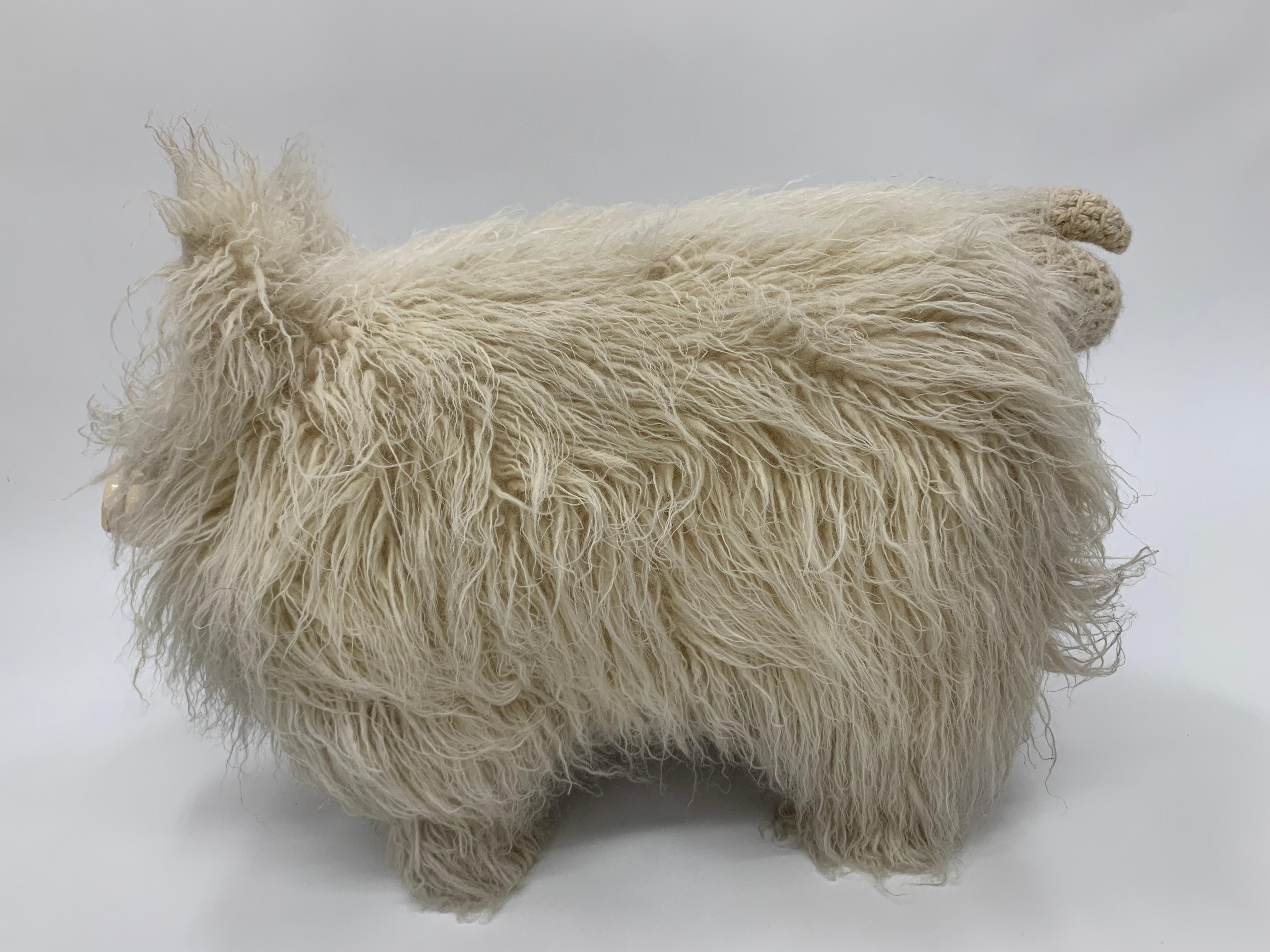 Sculptural Edna Cataldo Pig Flokati Wool Foot Stool, Signed and Dated 1995 3