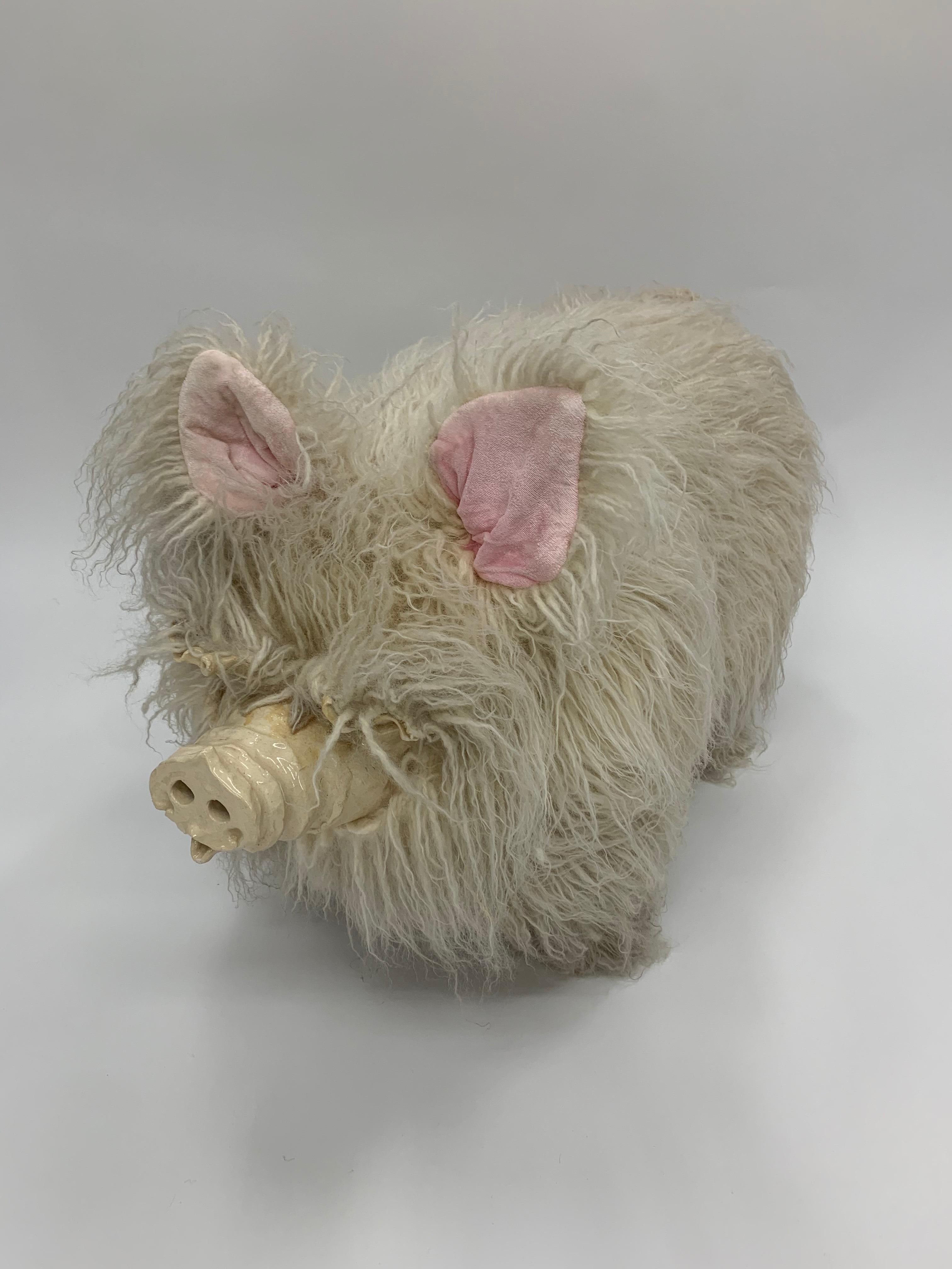 Very rare sculptured pig bench or foot stool by Edna Cataldo. The artist used flocati wool and ceramic to create a unique piece. The face is sculptured with a glazed ceramic finish. 

Edna Cataldo is known for her animal sculptures, where the