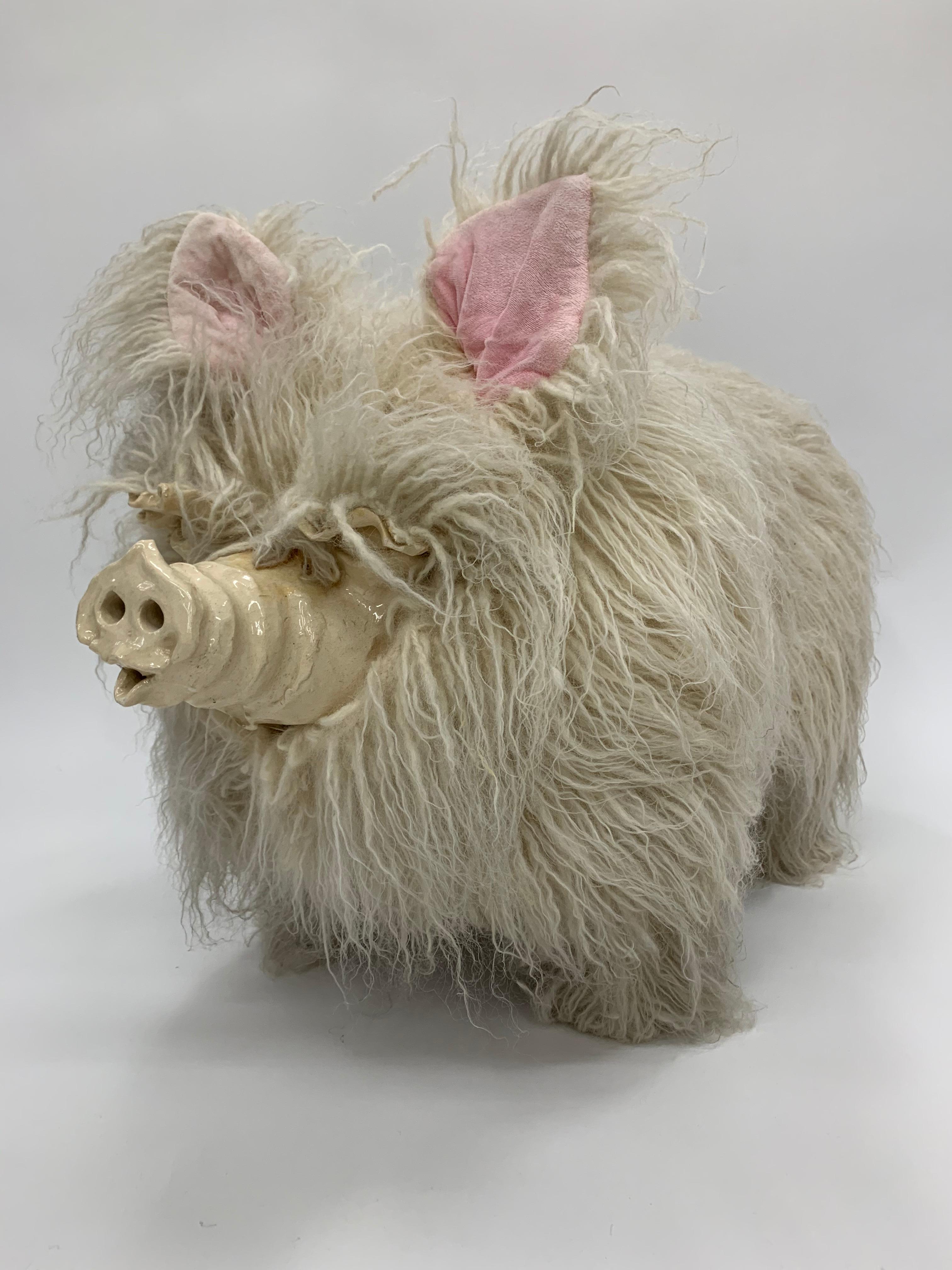Modern Sculptural Edna Cataldo Pig Flokati Wool Foot Stool, Signed and Dated 1995