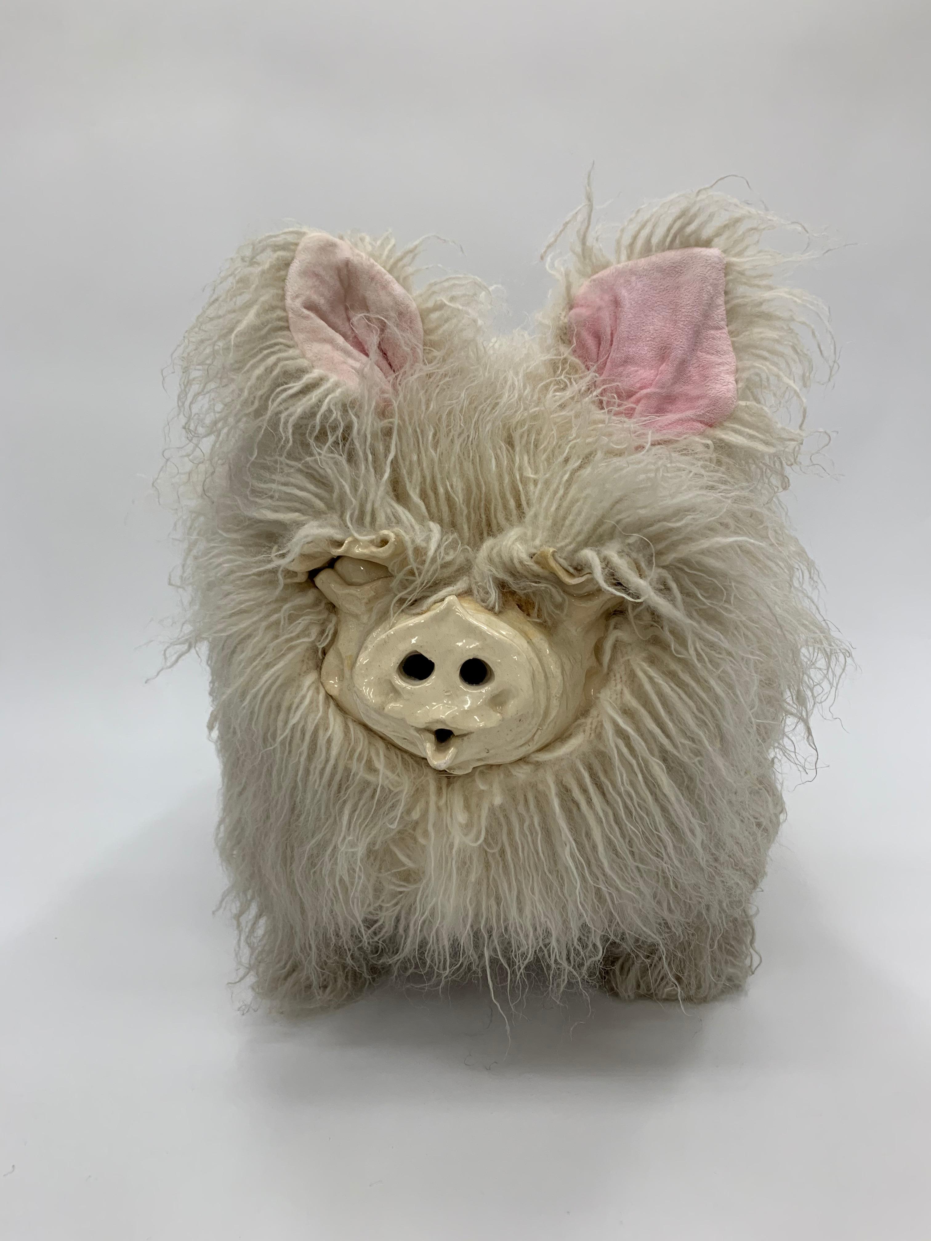 American Sculptural Edna Cataldo Pig Flokati Wool Foot Stool, Signed and Dated 1995