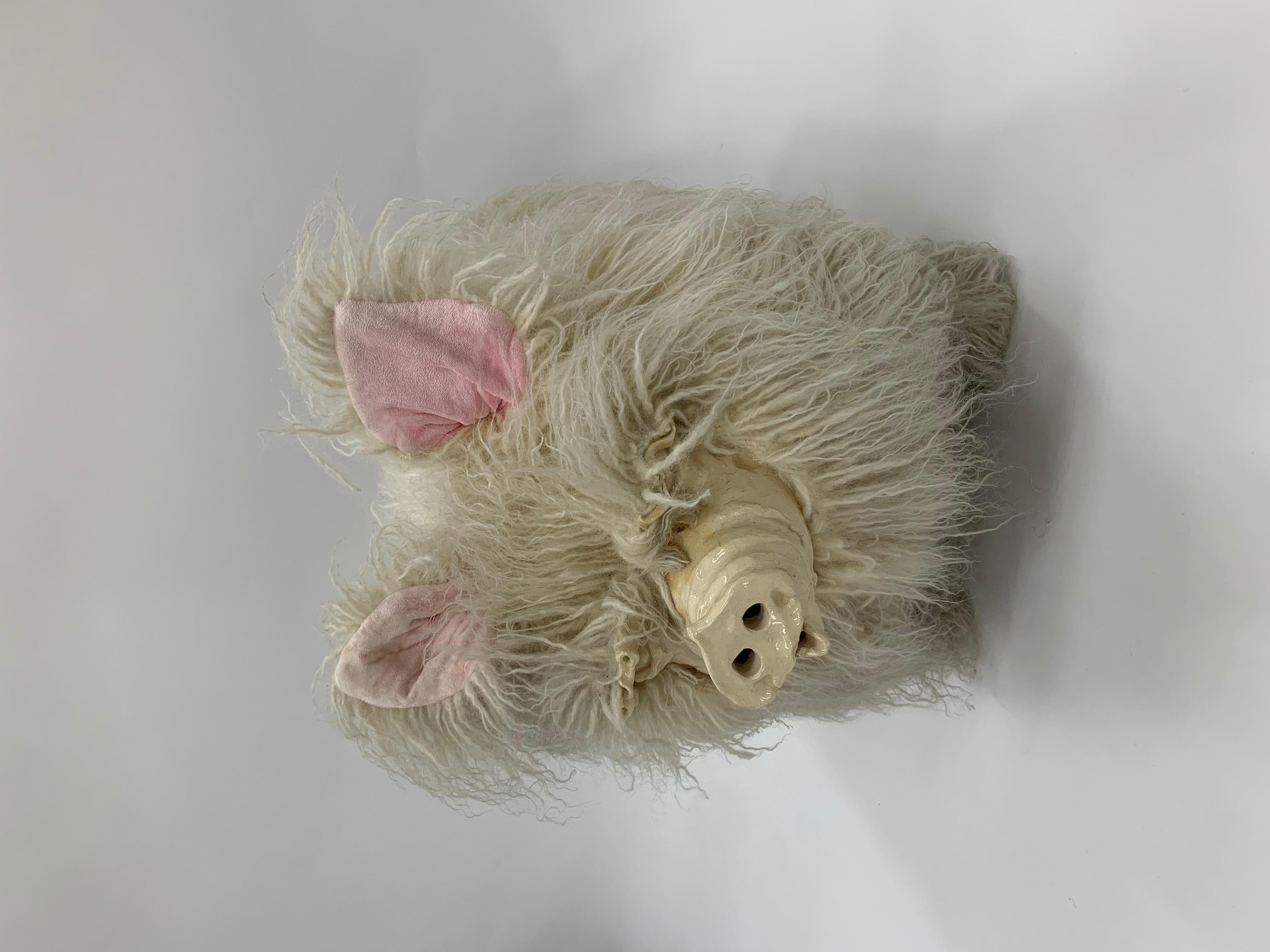 Glazed Sculptural Edna Cataldo Pig Flokati Wool Foot Stool, Signed and Dated 1995