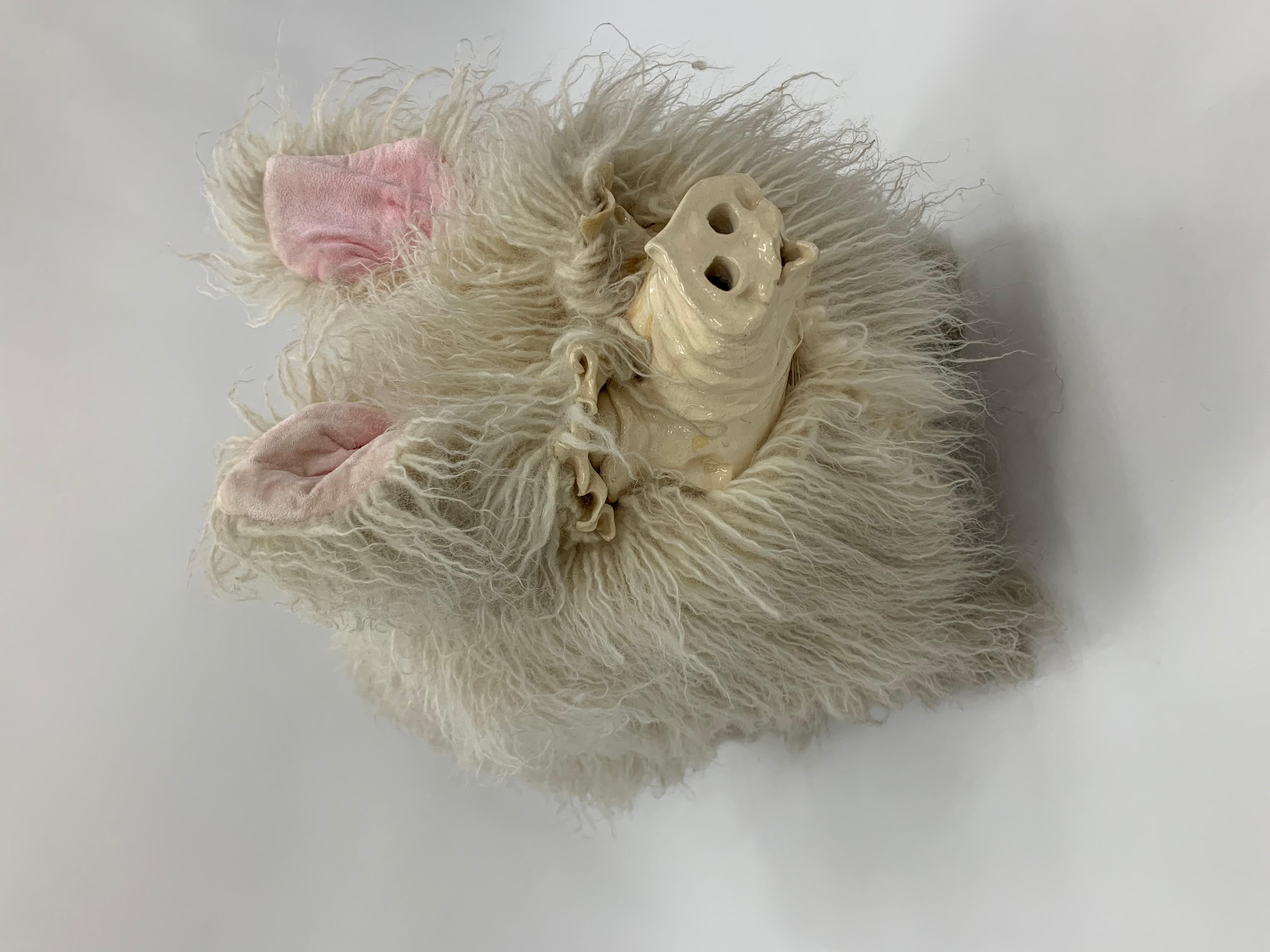 Sculptural Edna Cataldo Pig Flokati Wool Foot Stool, Signed and Dated 1995 In Good Condition In Haddonfield, NJ