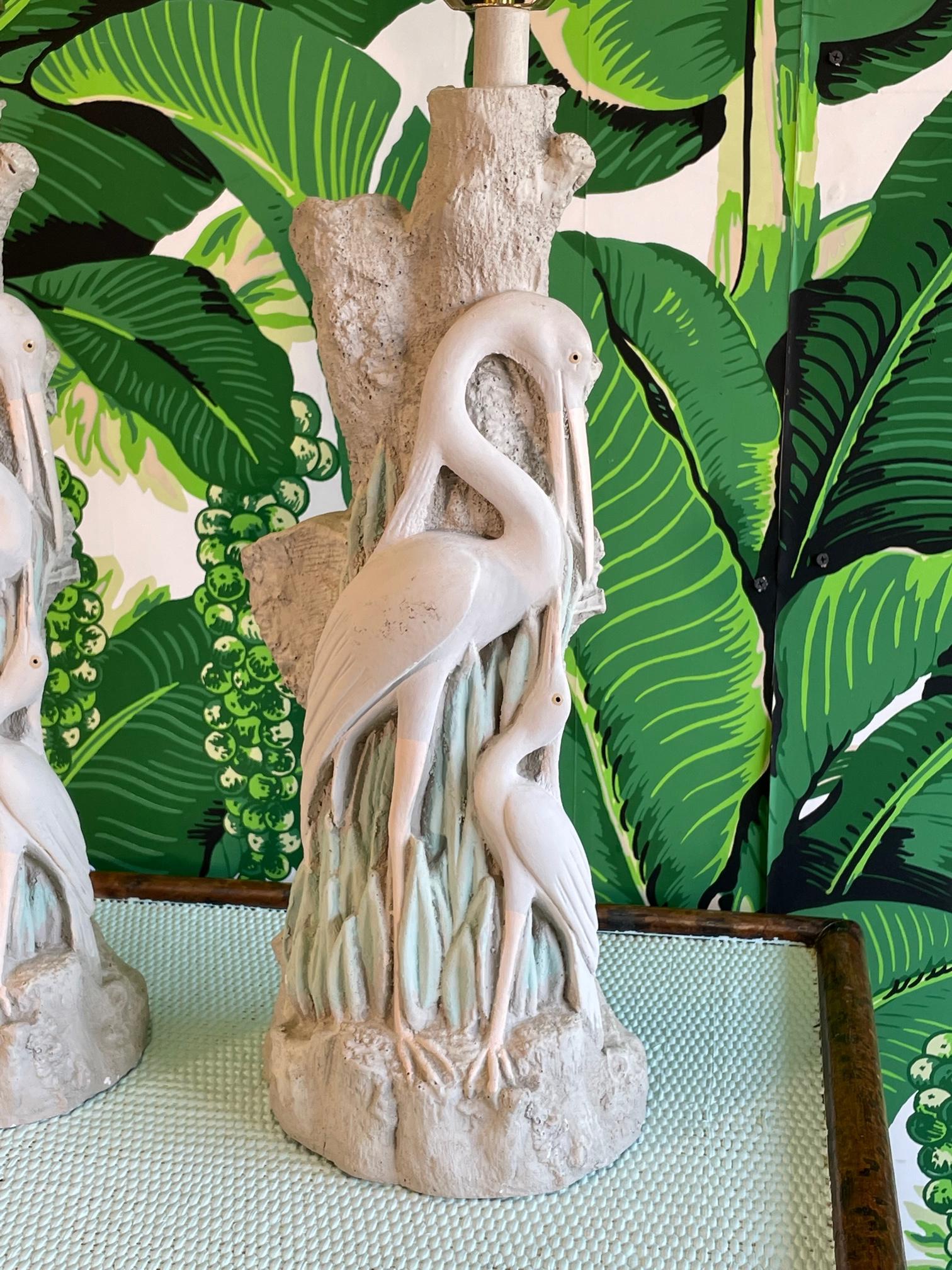 Hollywood Regency Sculptural Egret and Baby Bird Table Lamps
