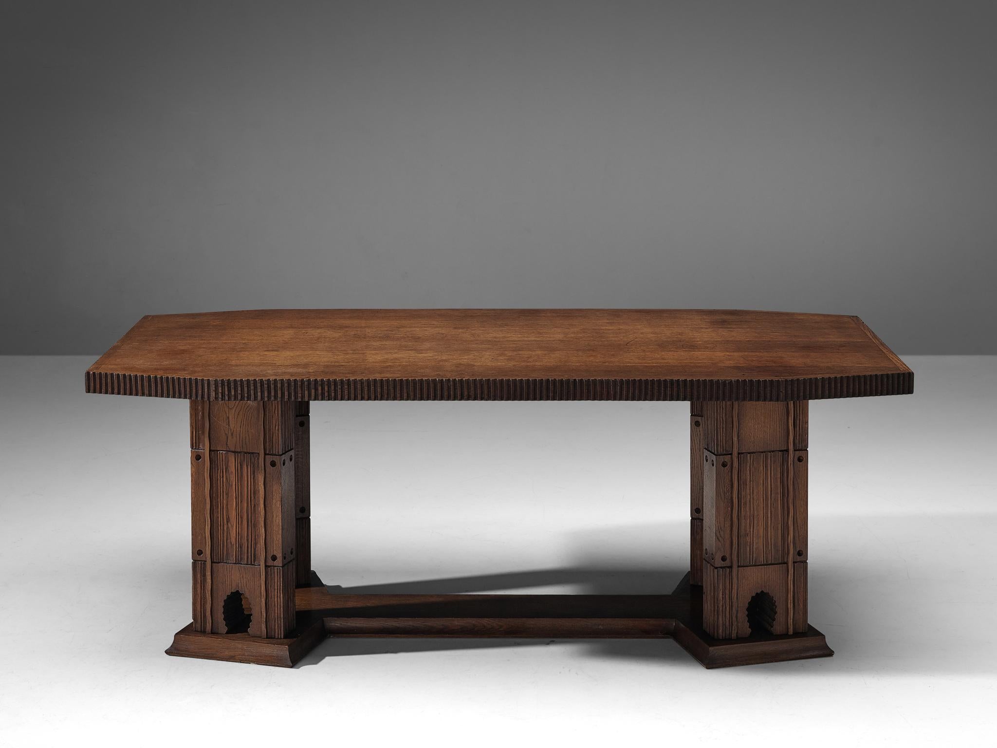 Ernesto Valabrega, dining table, oak, Italy, circa 1935

Sculptural dining table, designed by Ernesto Valabrega for his company Mobilart, circa 1935. This dining table shows all characteristics of a true Ernesto Valabrega design. The rustic design