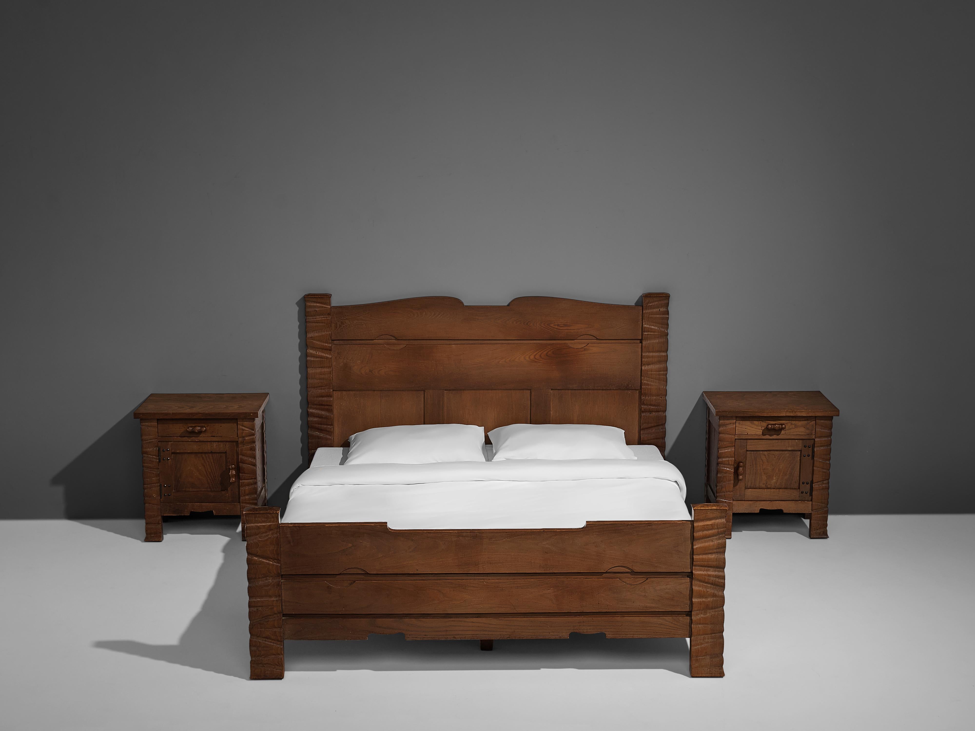 Ernesto Valabrega, bed with nightstands, oak, Italy, circa 1935

Sculptural bed, designed by Ernesto Valabrega for his company Mobilart, circa 1935. This bed shows all characteristics of a true Ernesto Valabrega design. The headboard as well as the