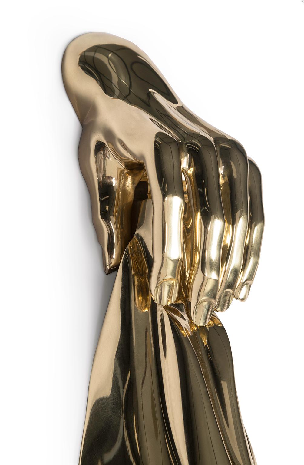 Portuguese Sculptural Farewell Gold Wall Sconces, Hand Polished Brass, Art Lighting For Sale