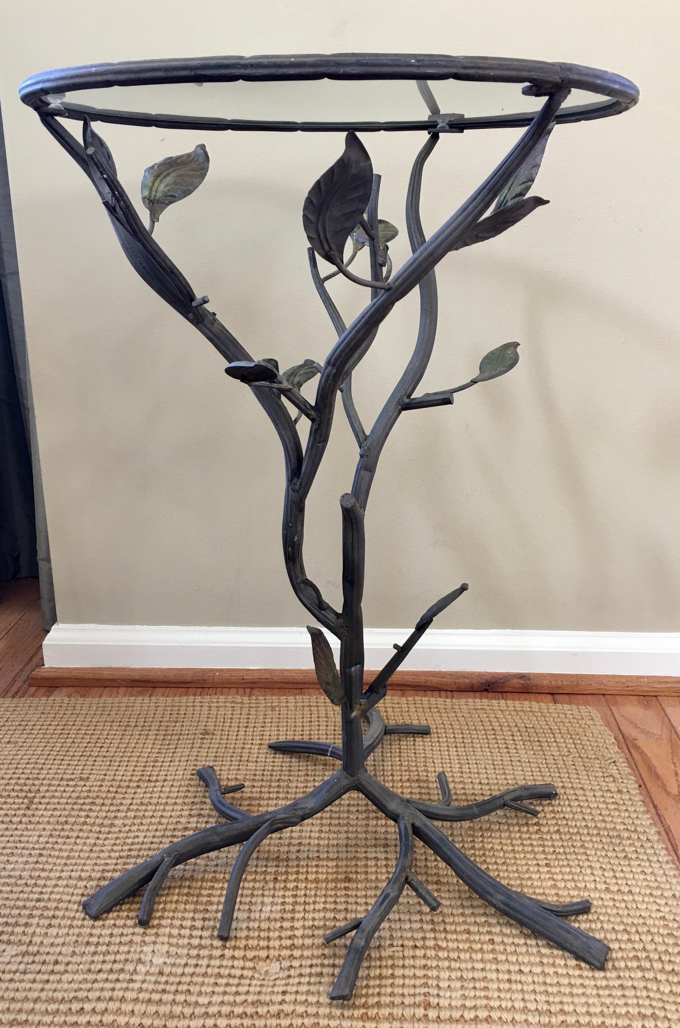 Sculptural Faux Bois Metal and Glass Round Drinks Side Table In Good Condition In Lambertville, NJ