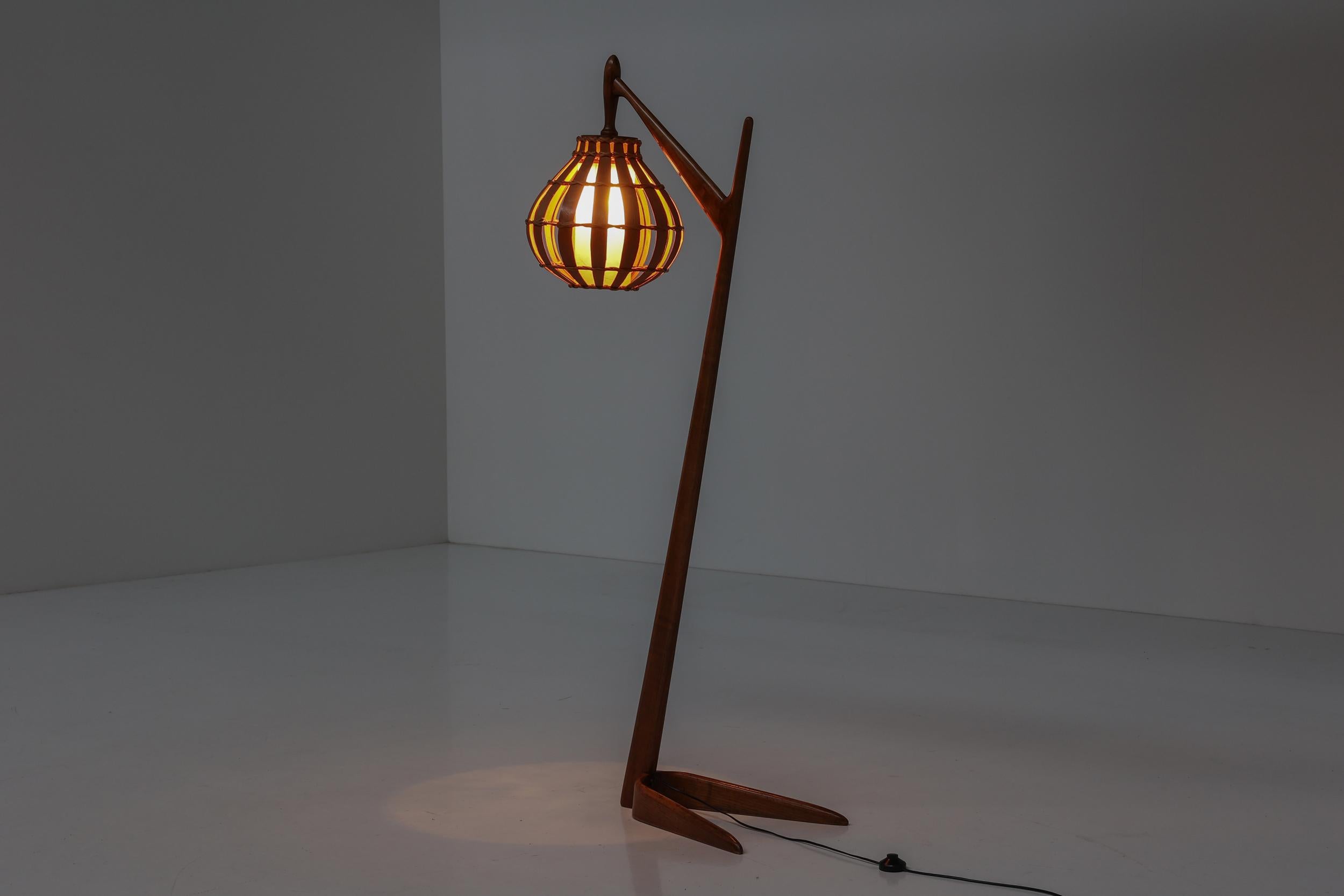 European Sculptural Floor Lamp in Bent Birch Wood & Teak, 1960s