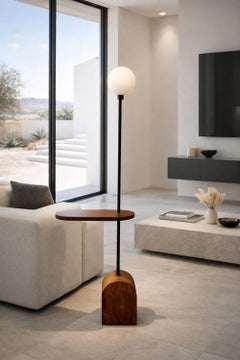 Brazilian Hardwood & Opaline Glass Sculptural Floor Lamp with Shelf, Signed