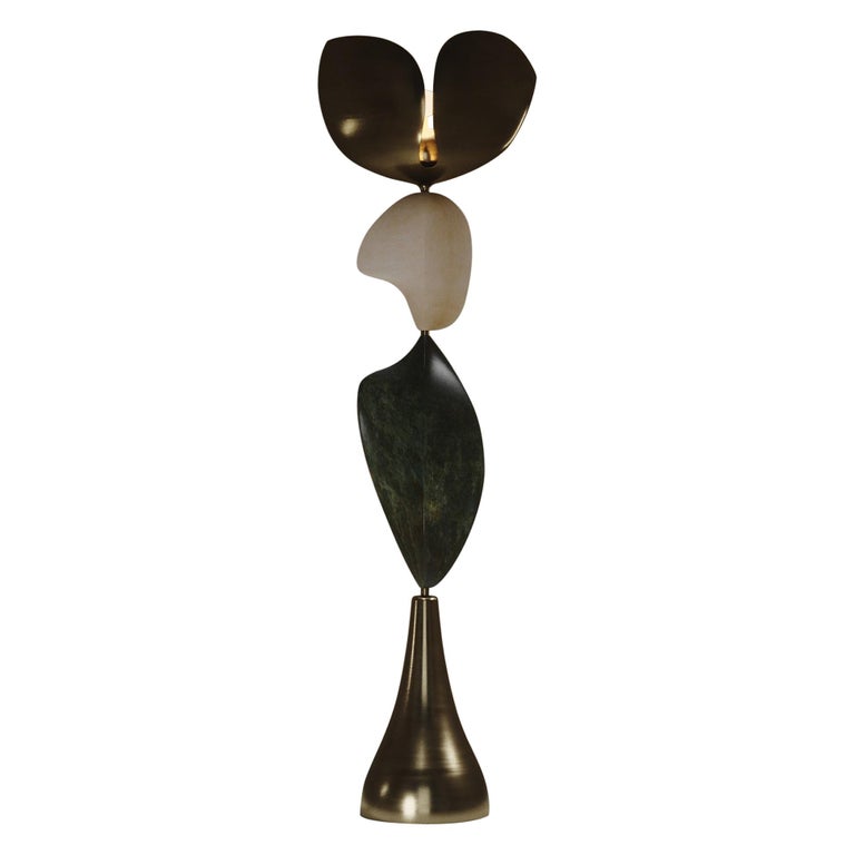 Sculptural Floor Lamp in Bronze-Patina Brass and Parchment Inlay
