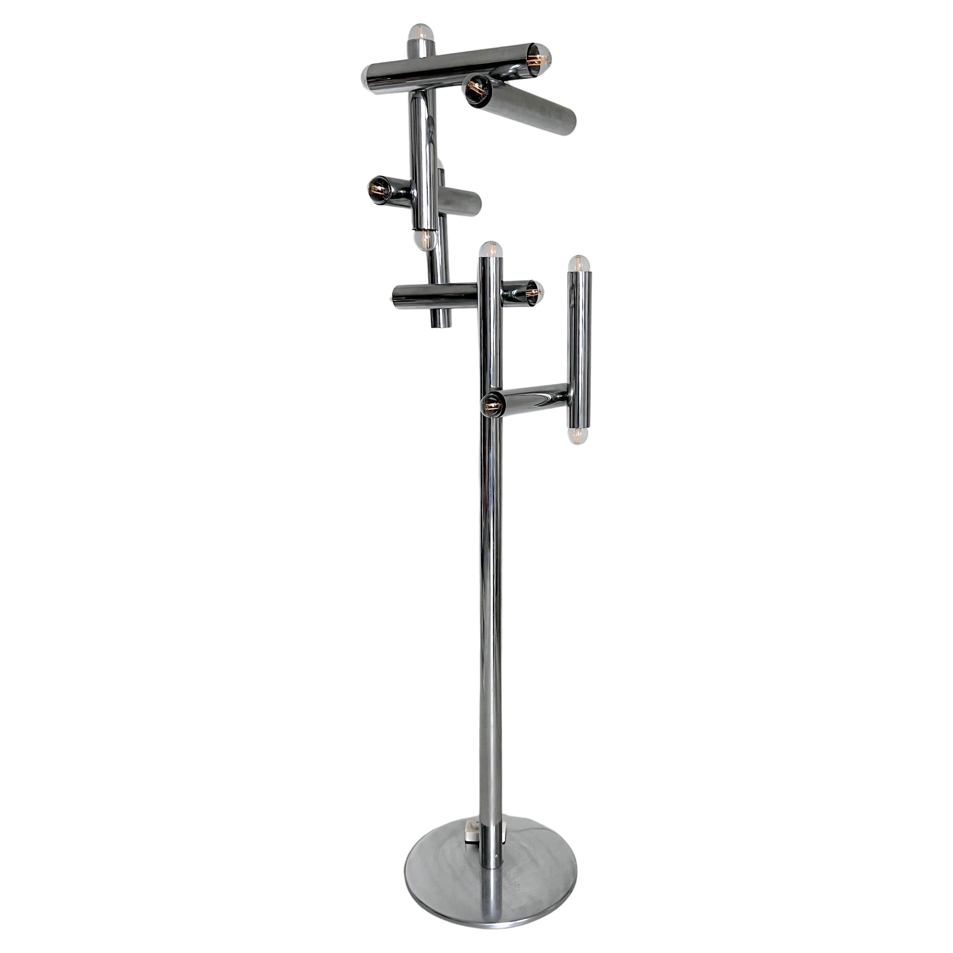 Sculptural floor lamp in chrome metal, decorative, Space Age era For Sale
