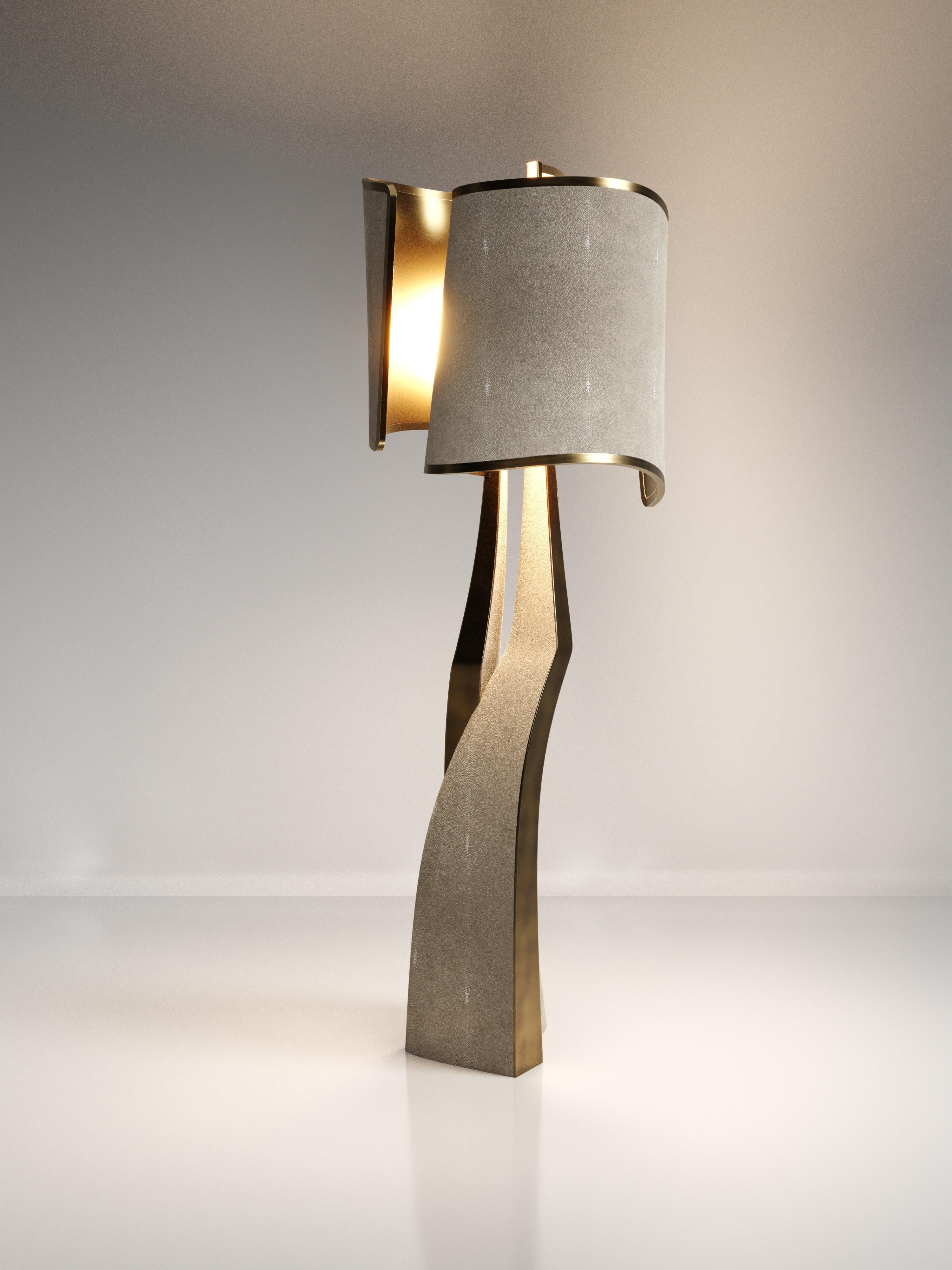 Art Deco Sculptural Floor Lamp in Shagreen Inlay and Bronze-Patina Brass by Kifu Paris For Sale