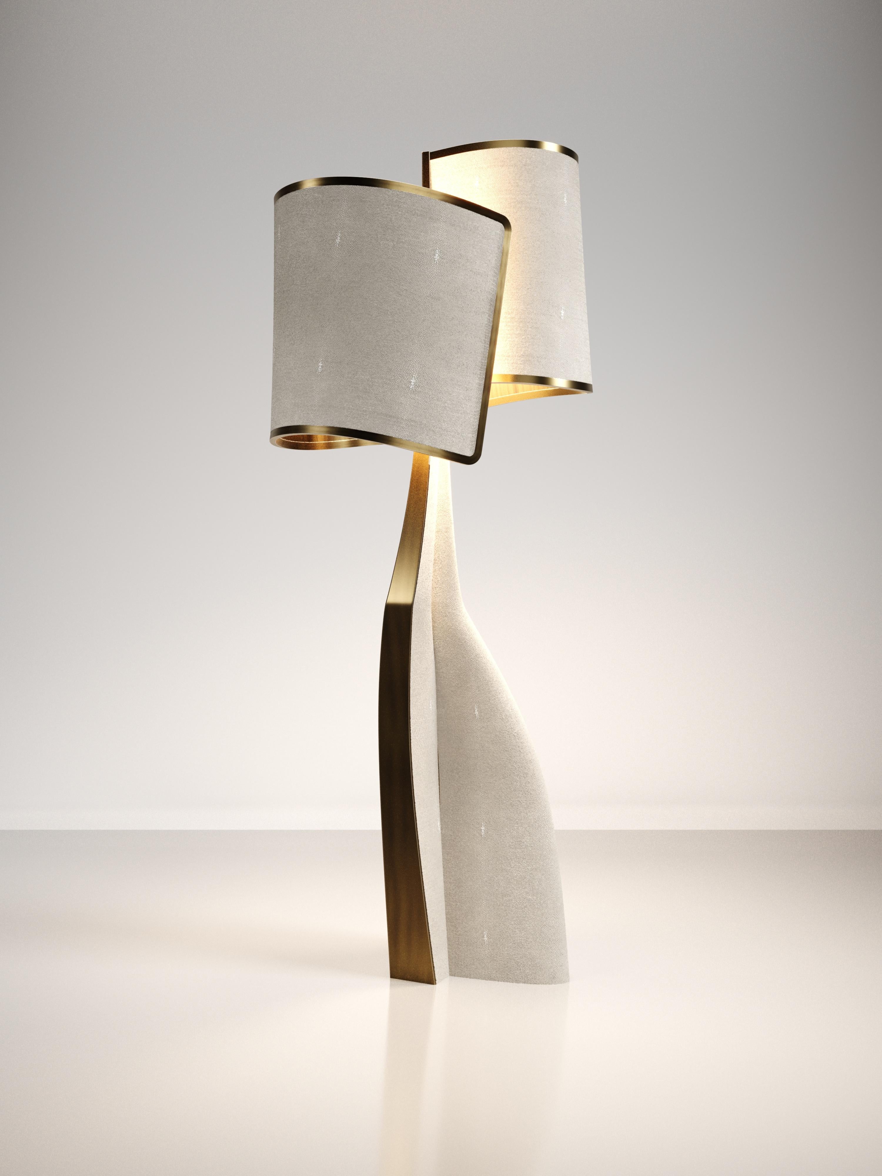 Art Deco Sculptural Floor Lamp in Shagreen Inlay and Bronze-Patina Brass by Kifu Paris For Sale