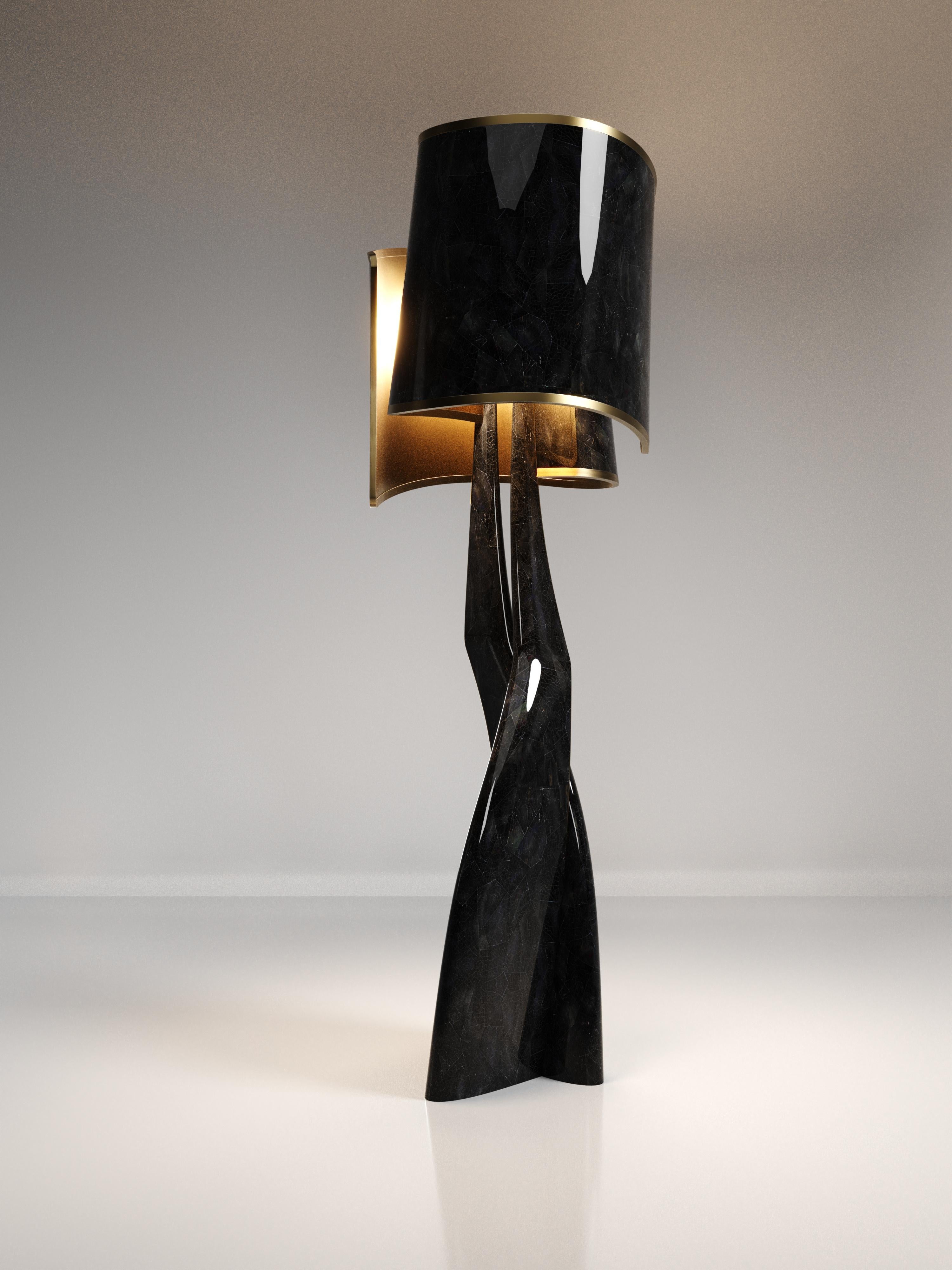 Contemporary Sculptural Floor Lamp in Shagreen Inlay and Bronze-Patina Brass by Kifu Paris For Sale