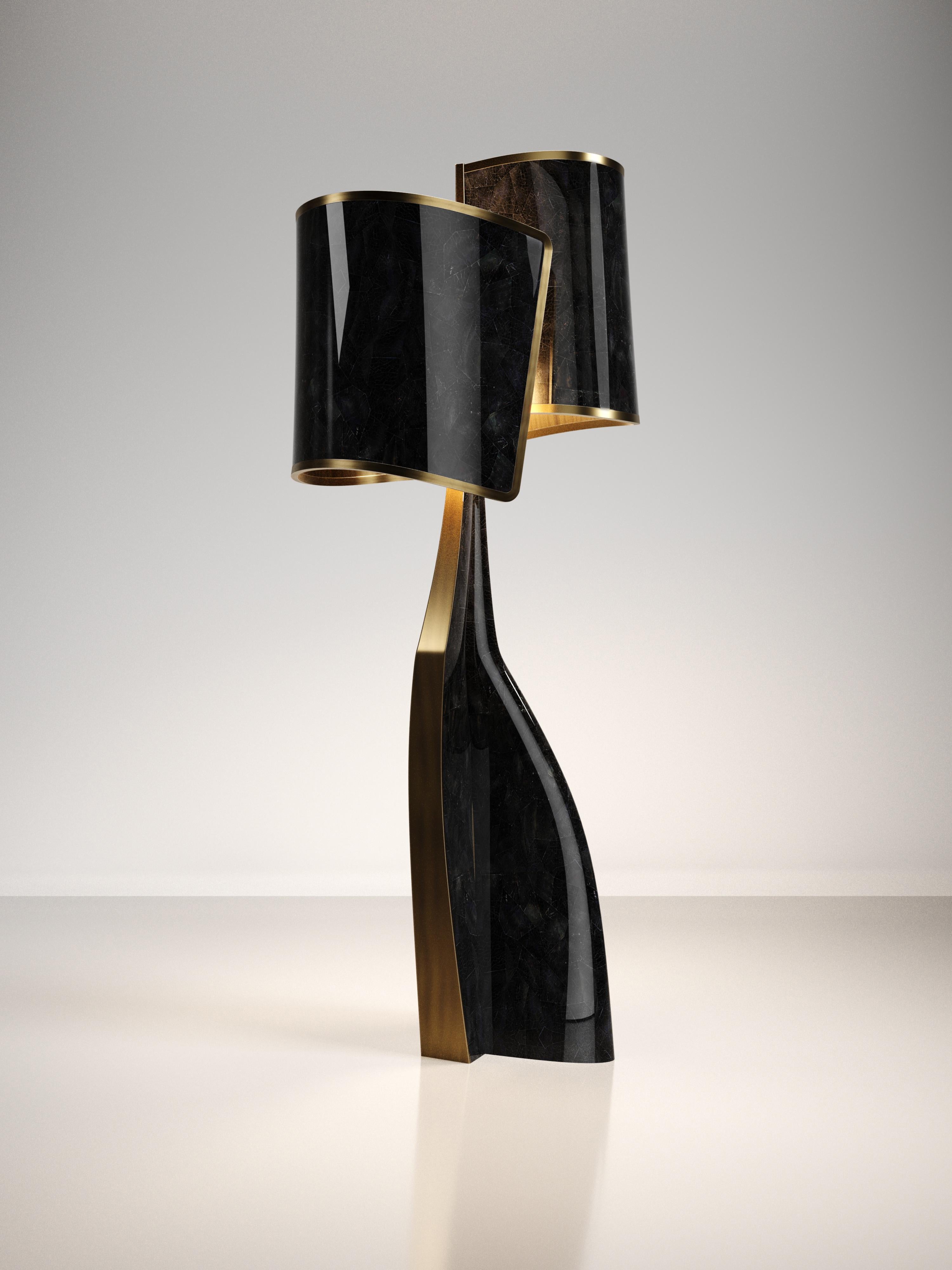 Art Deco Sculptural Floor Lamp in Shell Inlay and Bronze-Patina Brass by Kifu Paris For Sale
