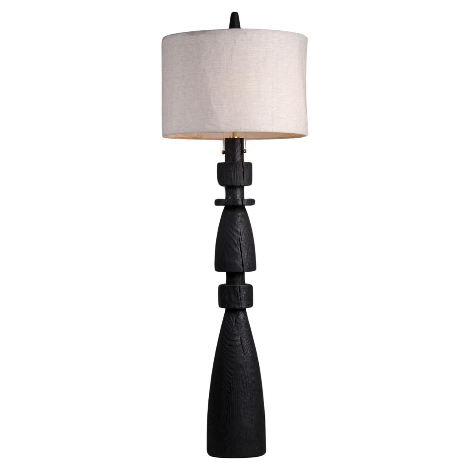 Sculptural Floor Lamp Mezquite Burned Wood Flexible Natural Linen Shade