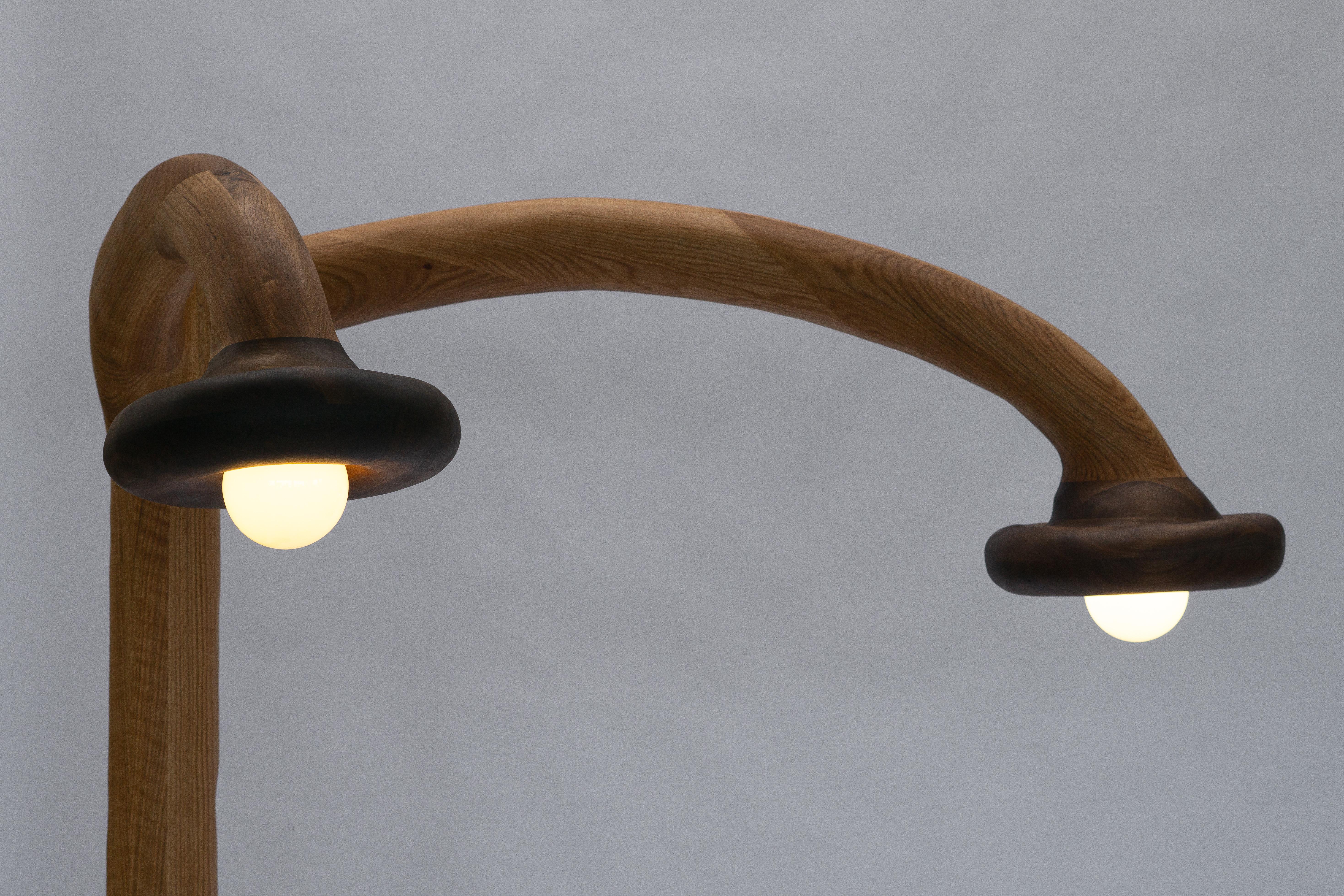 Lámpara de pie escultural - Lámpara de pie de forma orgánica en madera de roble rojo y nogal en venta 7