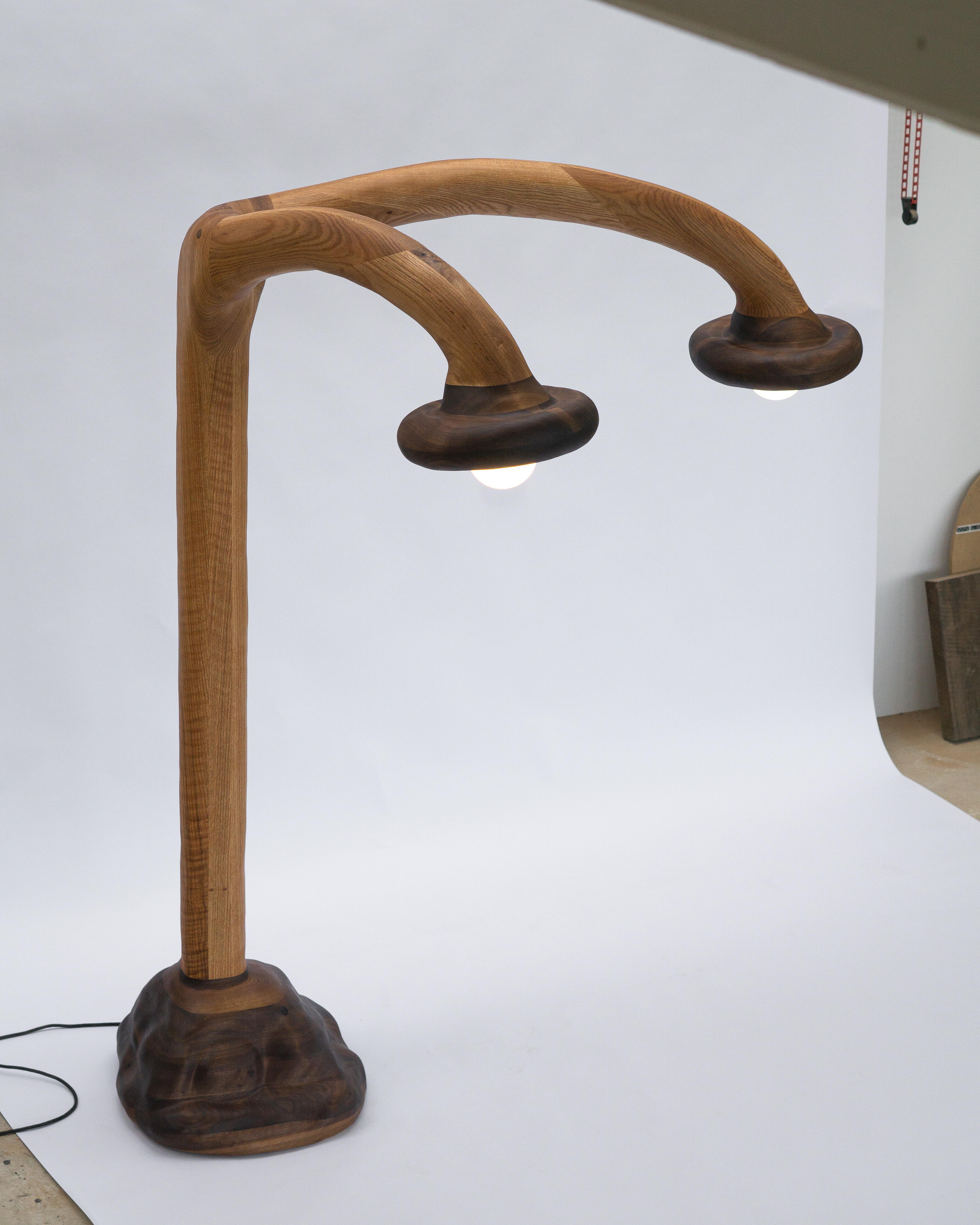 Lámpara de pie escultural - Lámpara de pie de forma orgánica en madera de roble rojo y nogal en venta 12