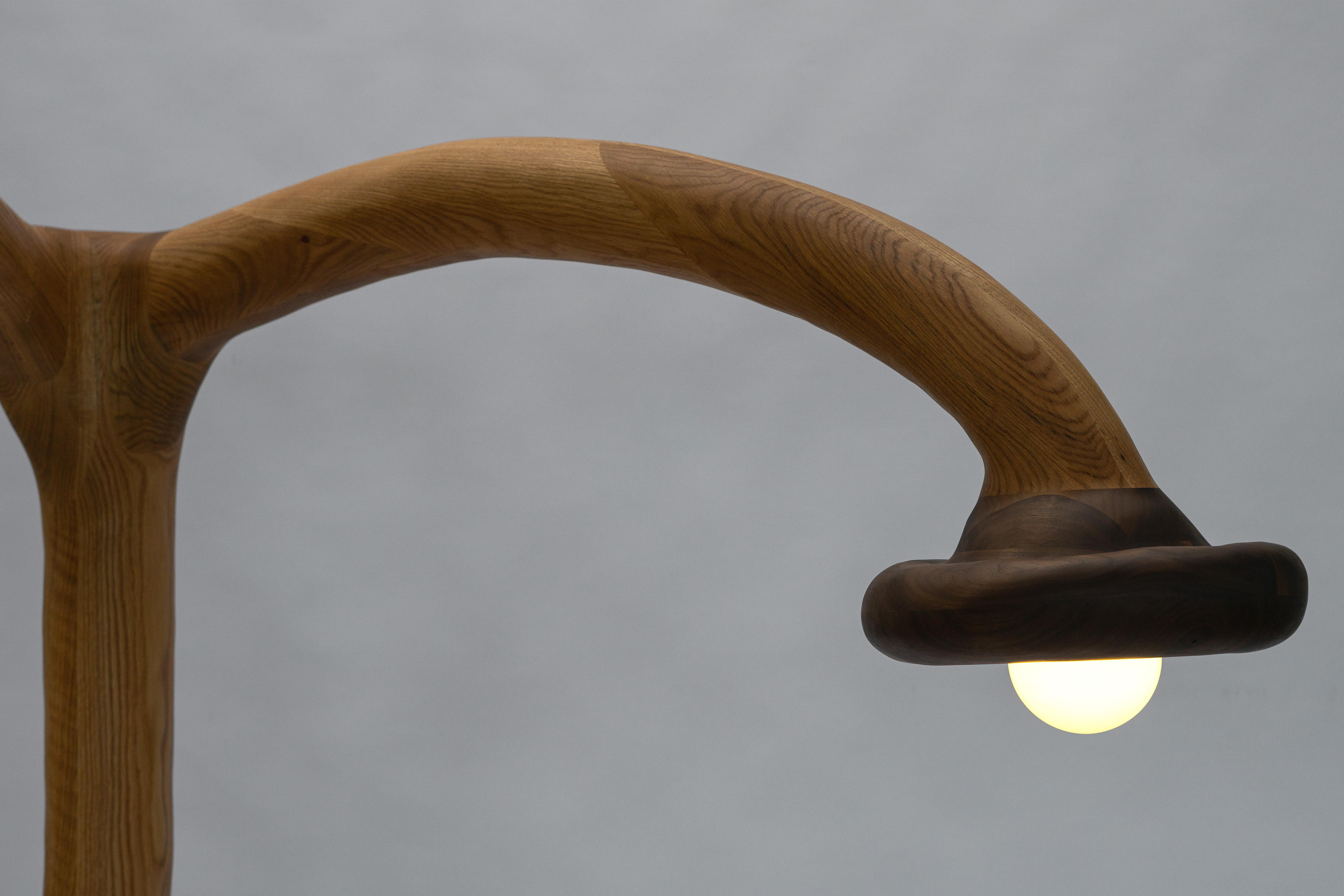 Lámpara de pie escultural - Lámpara de pie de forma orgánica en madera de roble rojo y nogal Moderno orgánico en venta