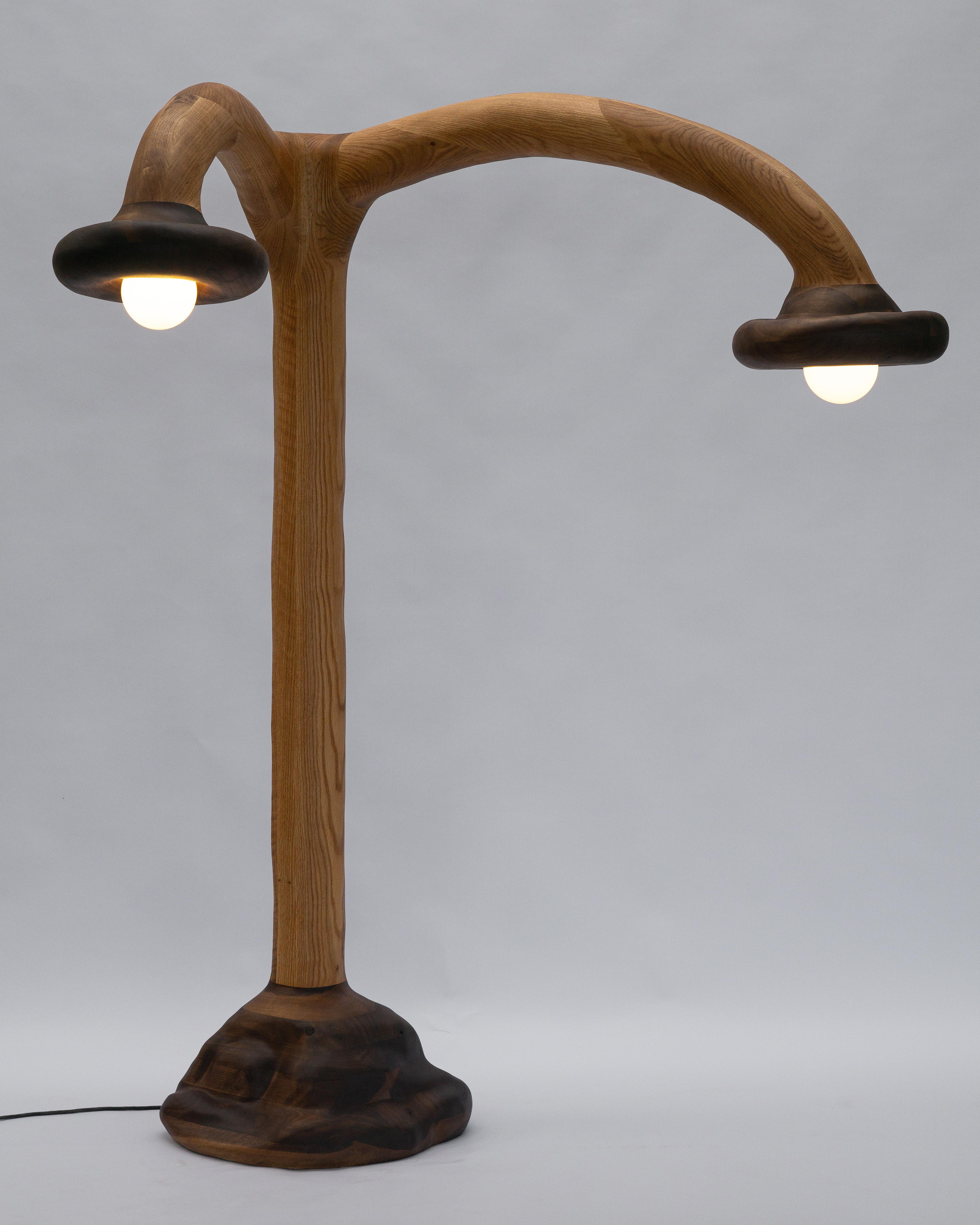 Lámpara de pie escultural - Lámpara de pie de forma orgánica en madera de roble rojo y nogal Alemán en venta