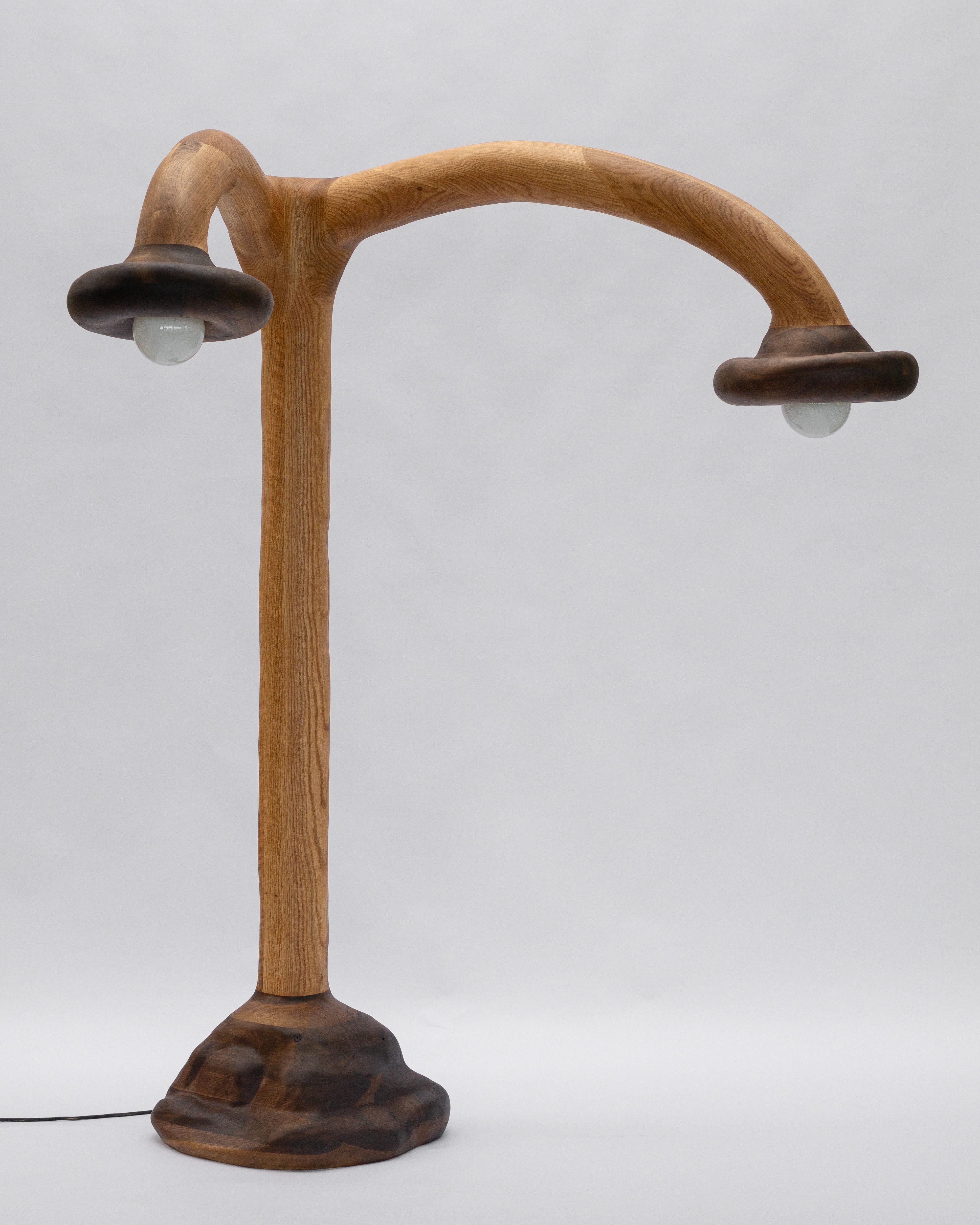 Lámpara de pie escultural - Lámpara de pie de forma orgánica en madera de roble rojo y nogal Carpintería en venta