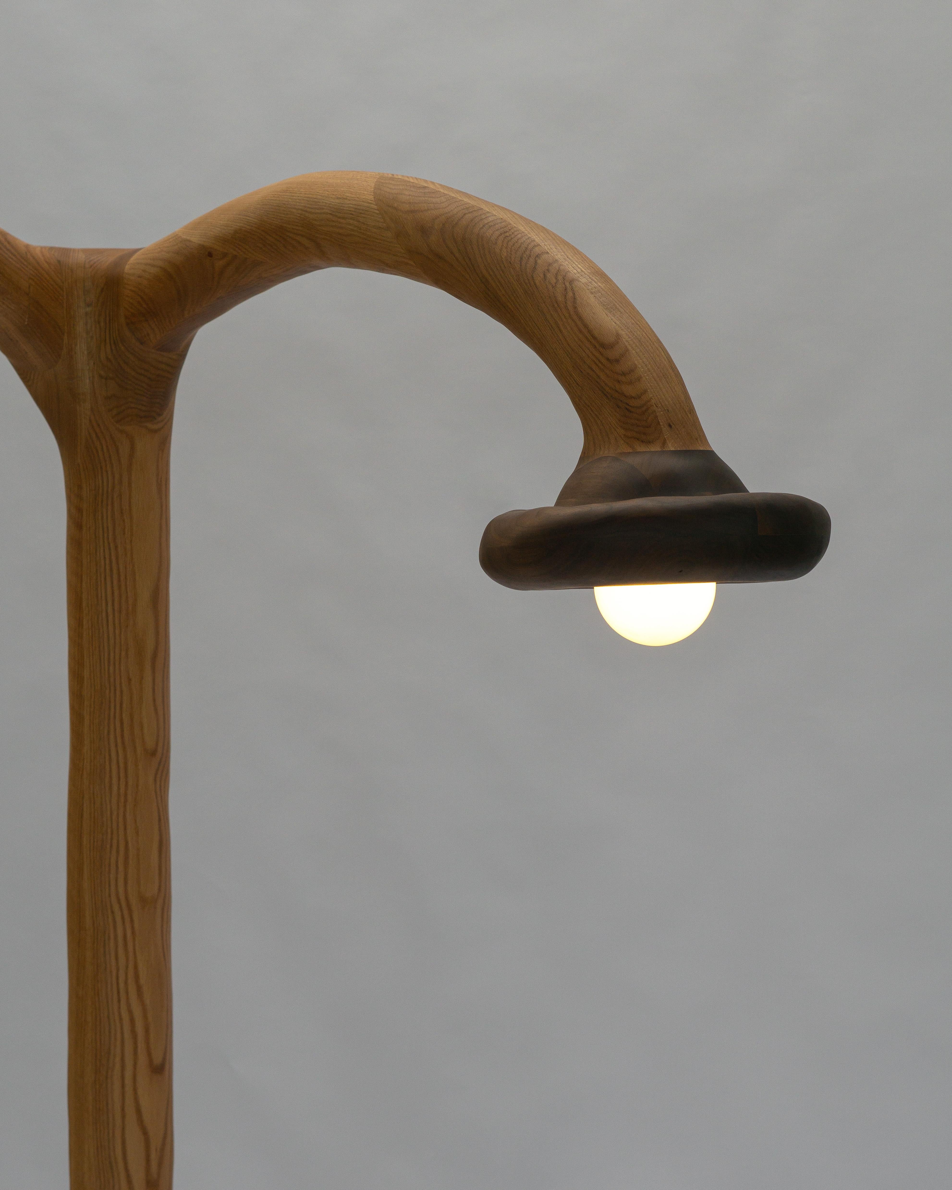 Lámpara de pie escultural - Lámpara de pie de forma orgánica en madera de roble rojo y nogal Siglo XXI y contemporáneo en venta