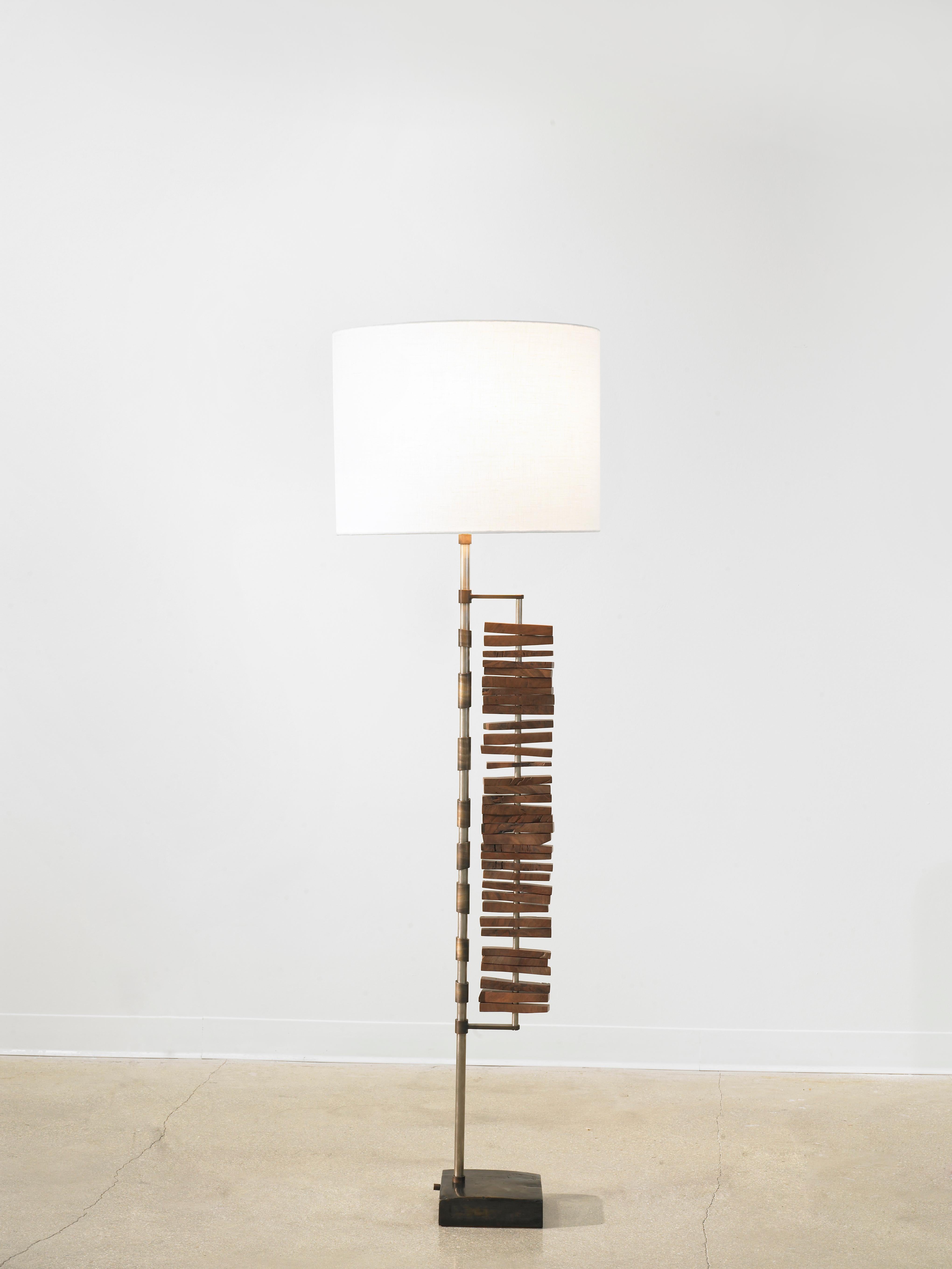 American Sculptural Floor Lamp Walnut Bronze and Nickel Plated Finish by Vivian Carbonell For Sale