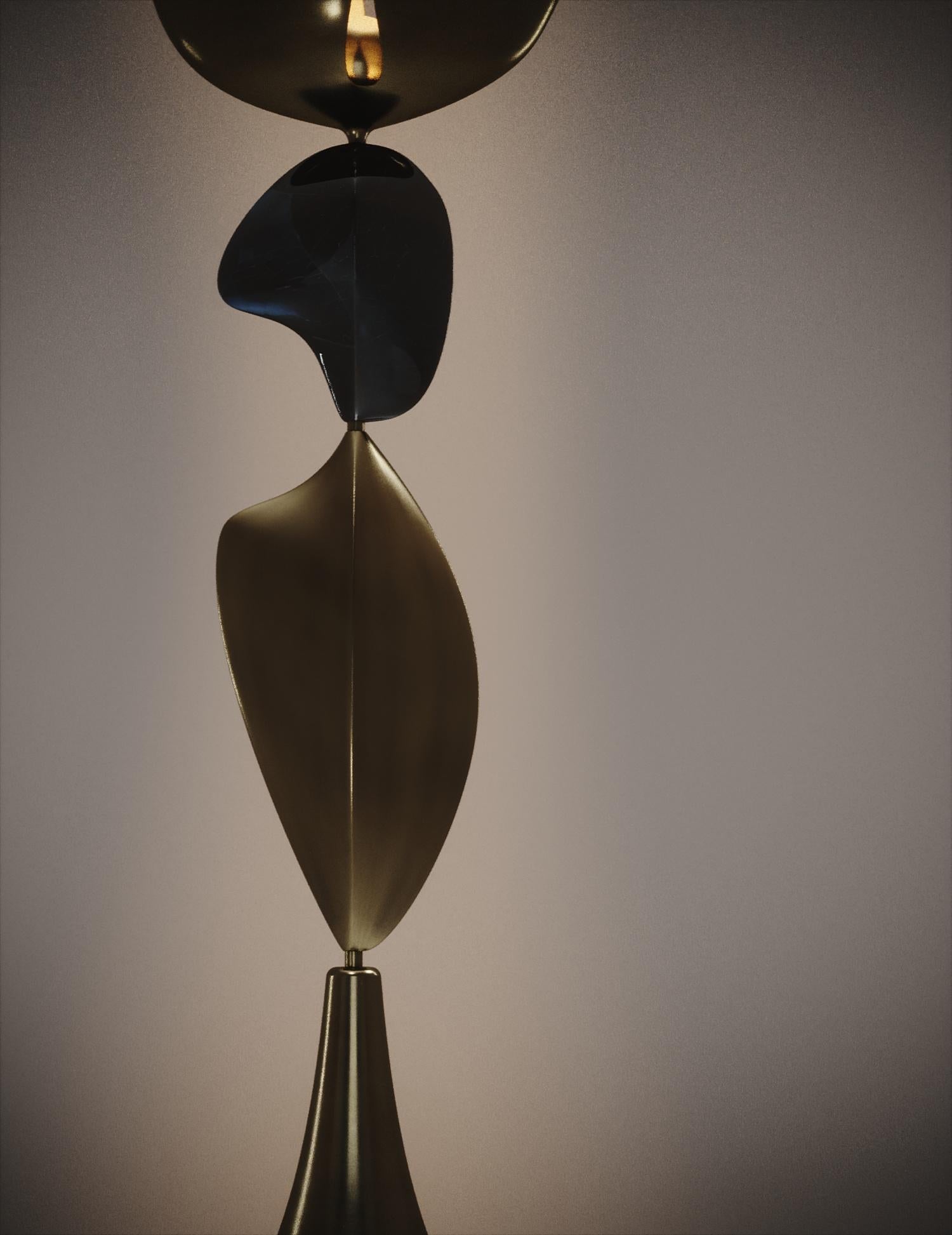 Contemporary Sculptural Floor Lamp in Bronze-Patina Brass and Parchment Inlay by Kifu Paris For Sale