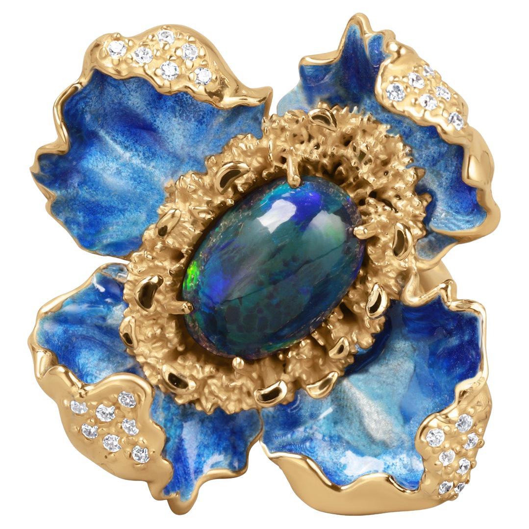 For Sale:  Sculptural Flower Ring with Opal, Diamonds and Hot Enamel