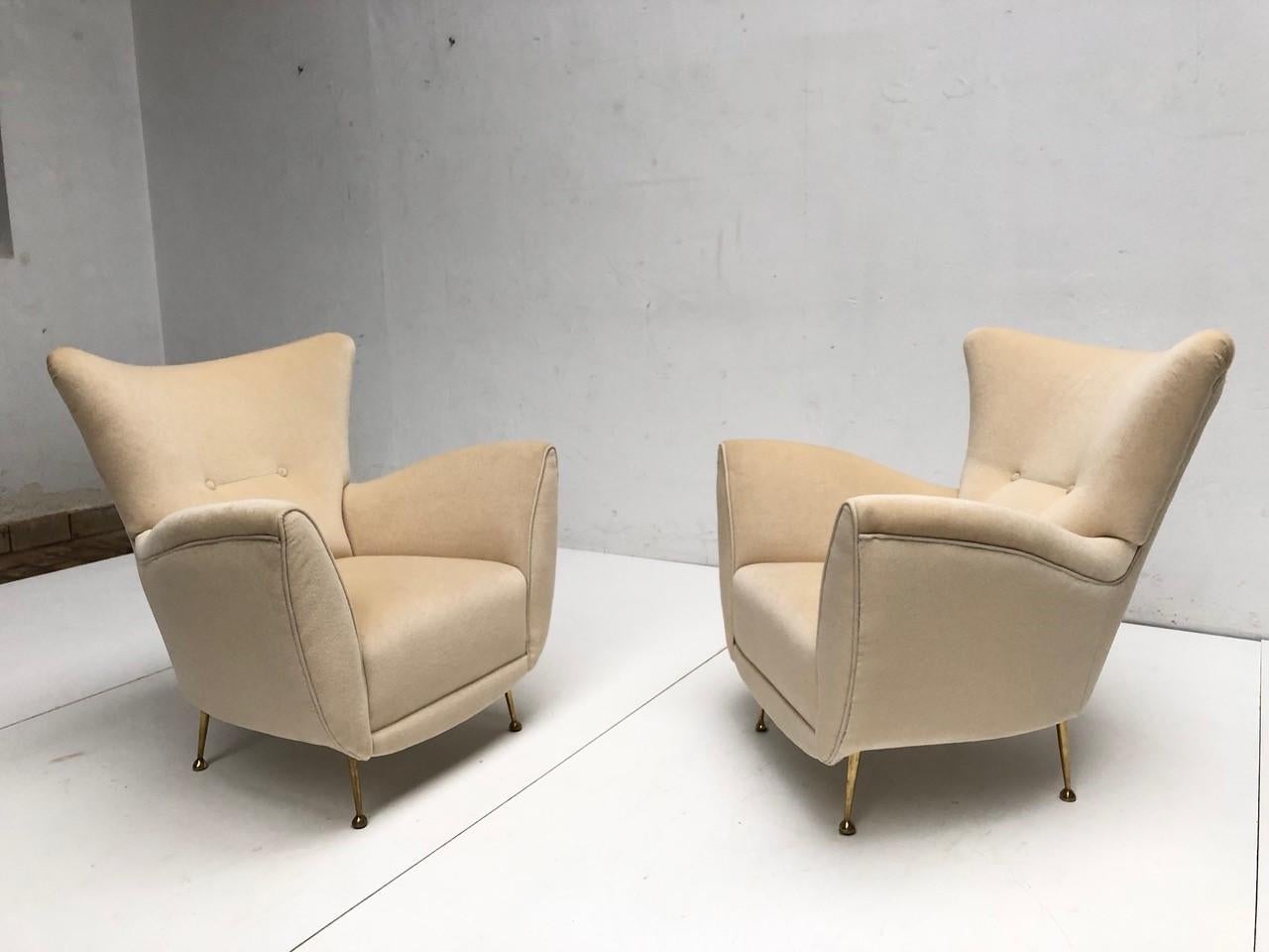 Italian Sculptural Form Lounge Chairs, Mohair Fabric with Brass Legs, ISA, Italy, 1950 For Sale