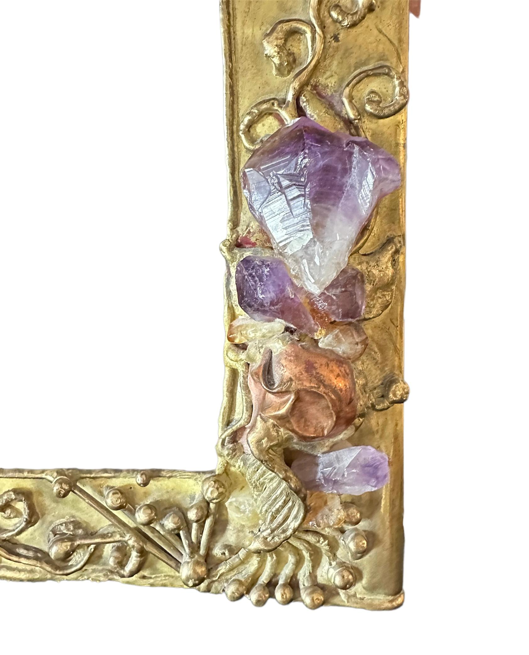 20th Century Sculptural Frame, Jeweled Brass Witamethyst, Quartz and Copper Accents