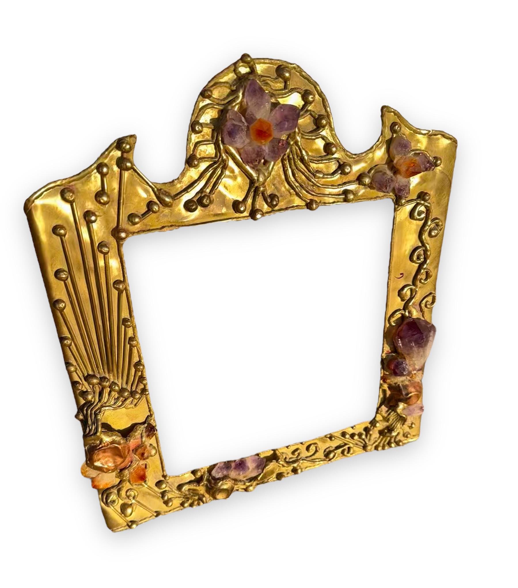 Sculptural Frame, Jeweled Brass Witamethyst, Quartz and Copper Accents 1