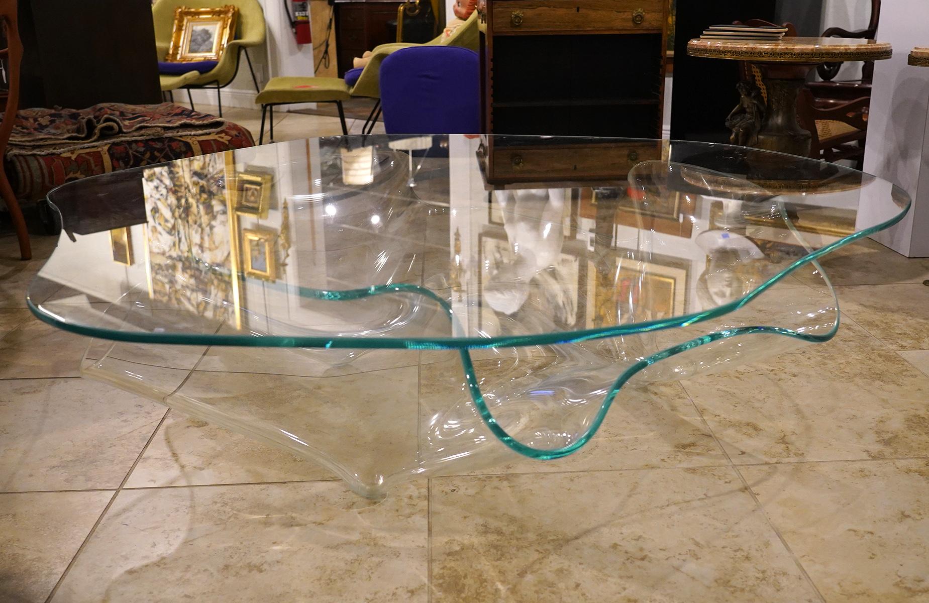 Tempered Sculptural Free Form Amoeba Shape Glass Coffee Table by Laurel Fyfe, Branded 