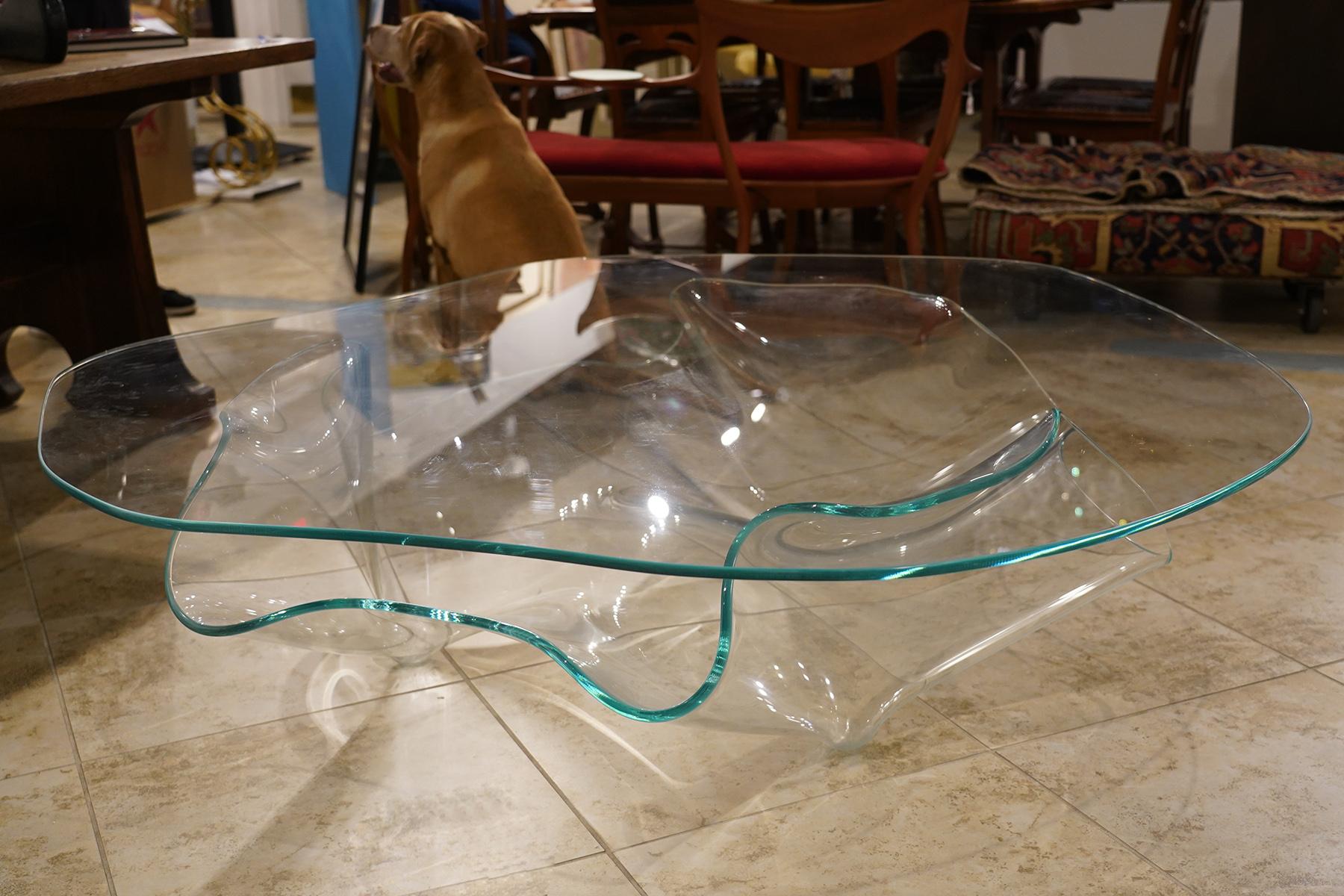 Sculptural Free Form Amoeba Shape Glass Coffee Table by Laurel Fyfe, Branded  In Good Condition In Ft. Lauderdale, FL