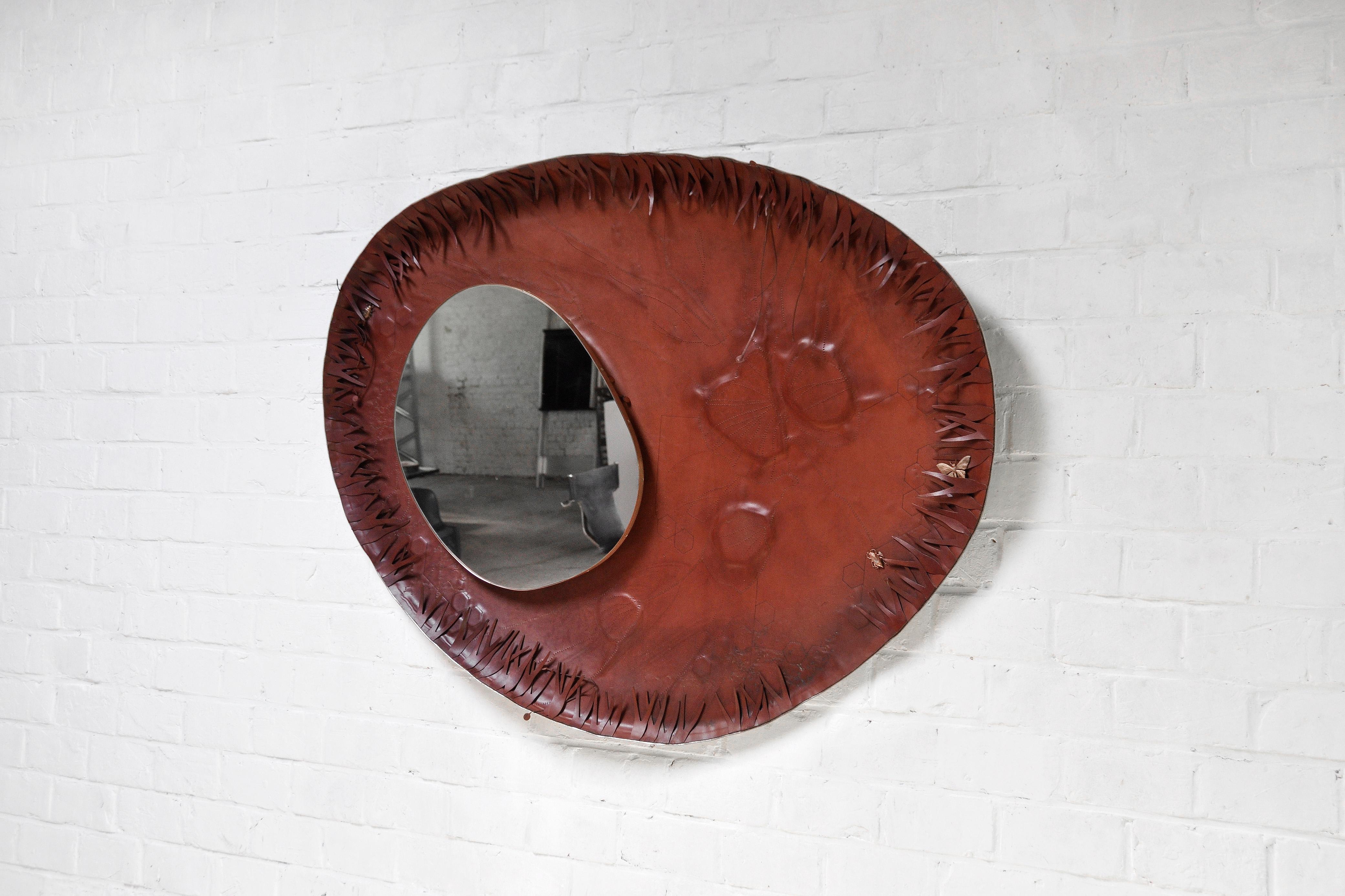 French Sculptural Free Form Leather Mirror, France, 1990s For Sale