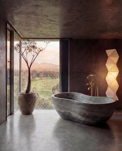 Sculptural Freestanding Stone Bathtub in Green Veined Marble by MY HABITAT
