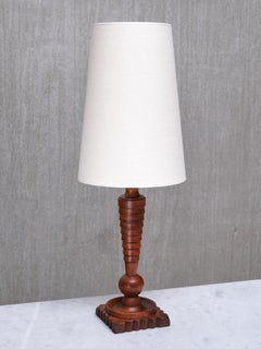 Sculptural French Art Deco Tall Table Lamp in Turned Oak and Ivory Shade, 1920s