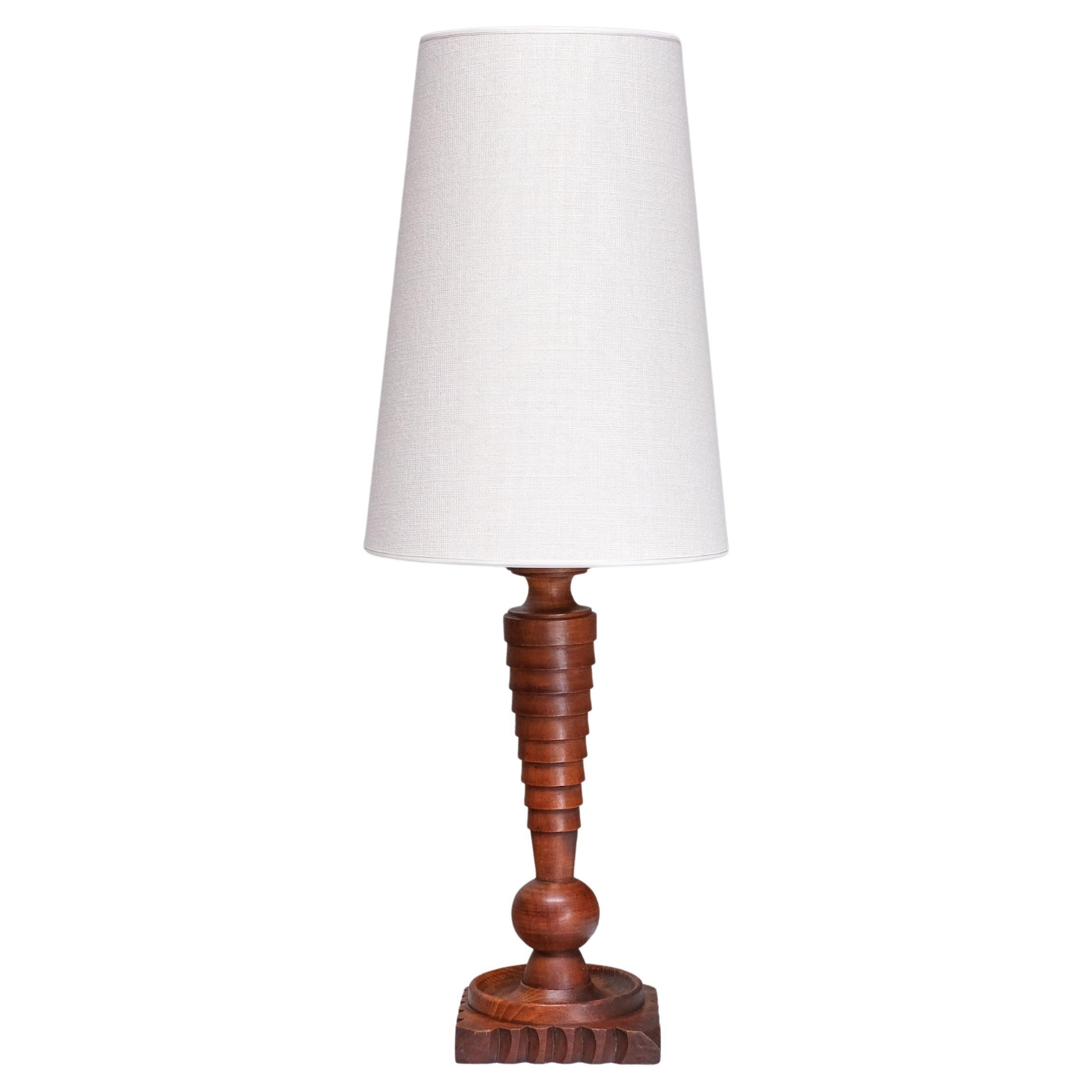 Sculptural French Art Deco Tall Table Lamp in Turned Oak and Ivory Shade, 1920s