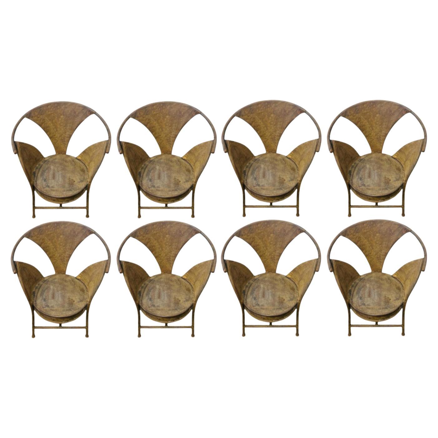 Sculptural French Metal Patio Arm Chairs, Set of 8