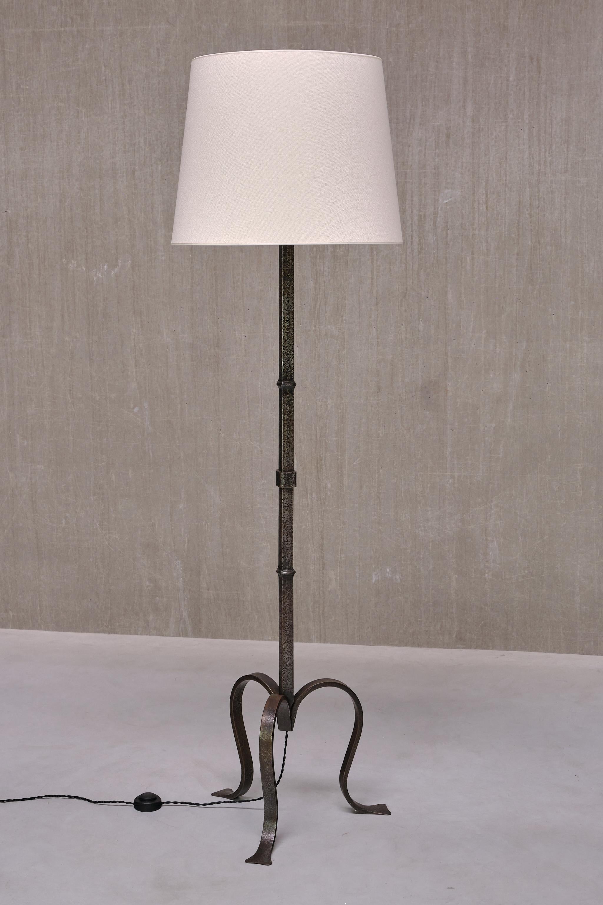 Fabric Sculptural French Modern Three Legged Floor Lamp in Wrought Iron, 1950s For Sale