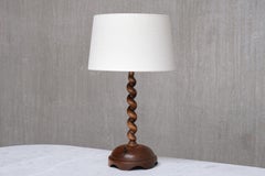 Sculptural French Oak Table Lamp with Barley Twist Stem and Linen Shade, 1950s