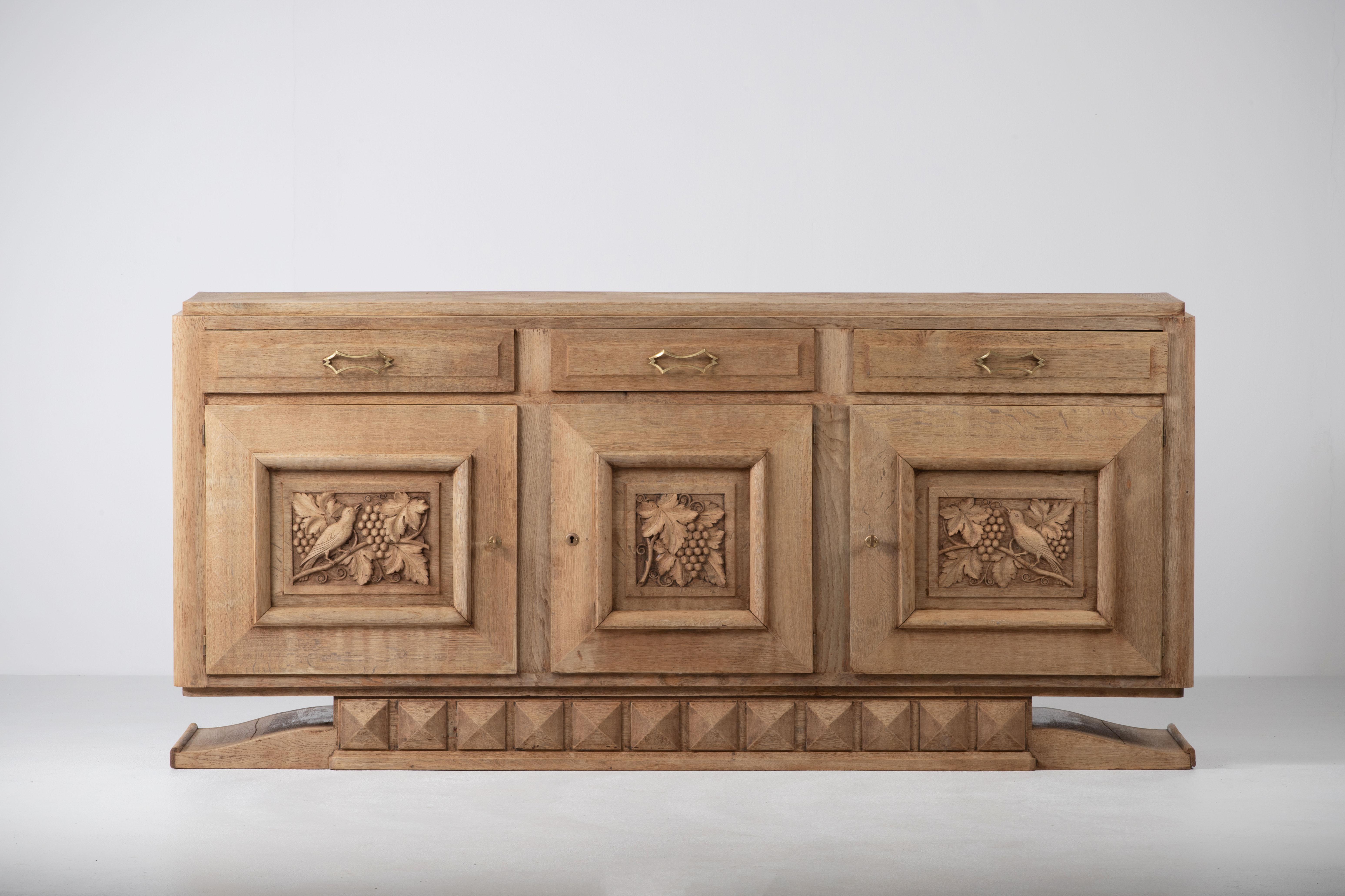 Mid-20th Century Sculptural French Solid Oak Credenza, 1940s For Sale