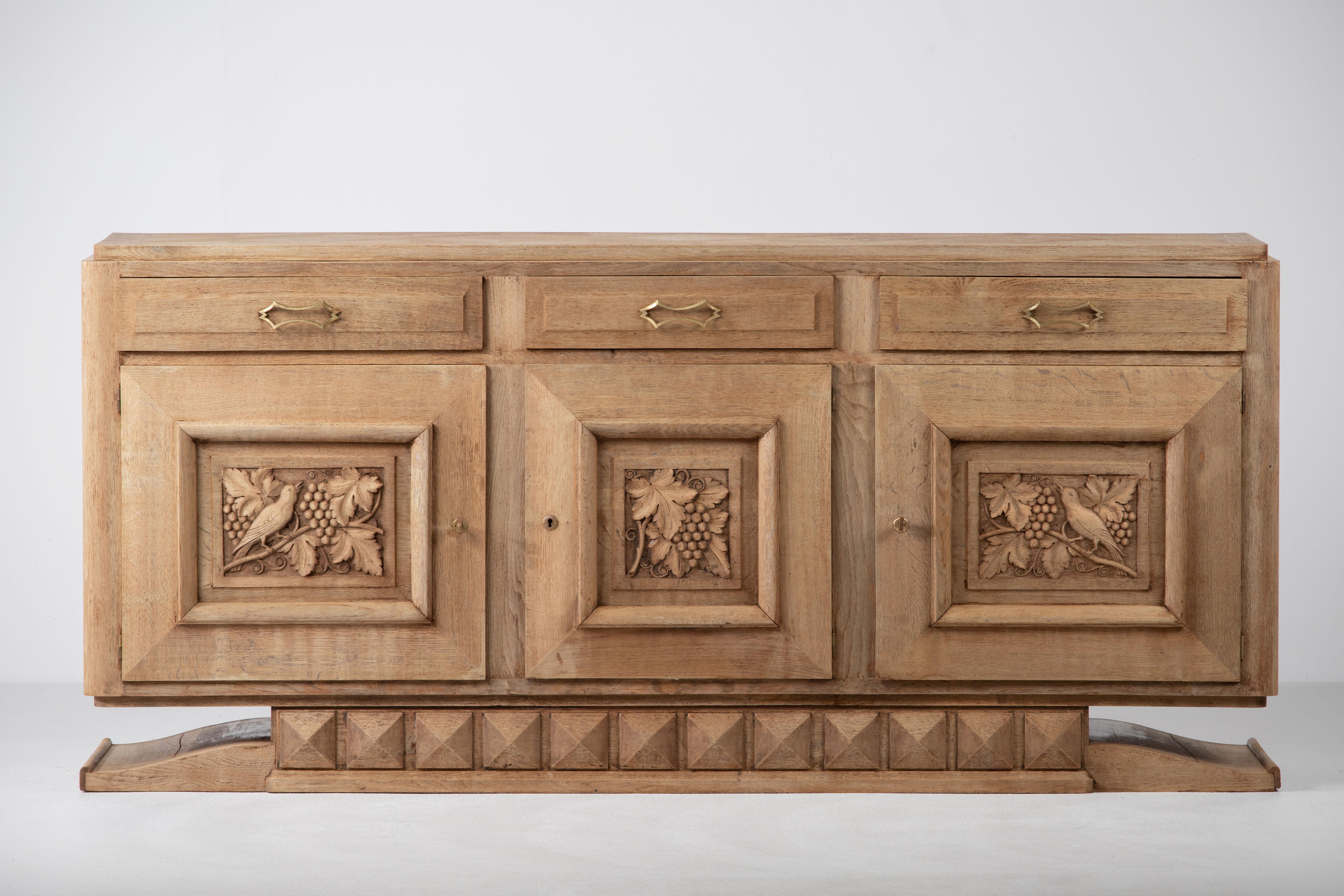 Marble Sculptural French Solid Oak Credenza, 1940s For Sale